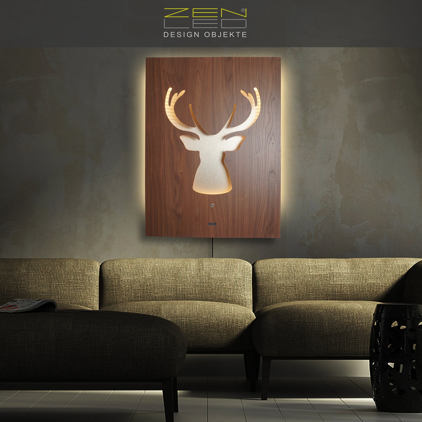 LED wall picture CERVO deer deer antlers WOOD look series - 3D effect illuminated rustic modern decoration country house vintage