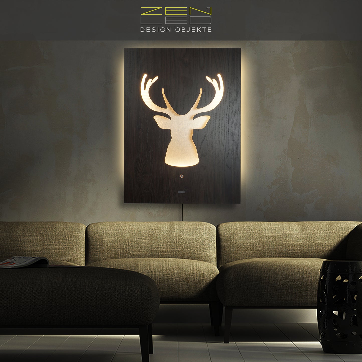 LED wall picture CERVO deer deer antlers WOOD look series - 3D effect illuminated rustic modern decoration country house vintage