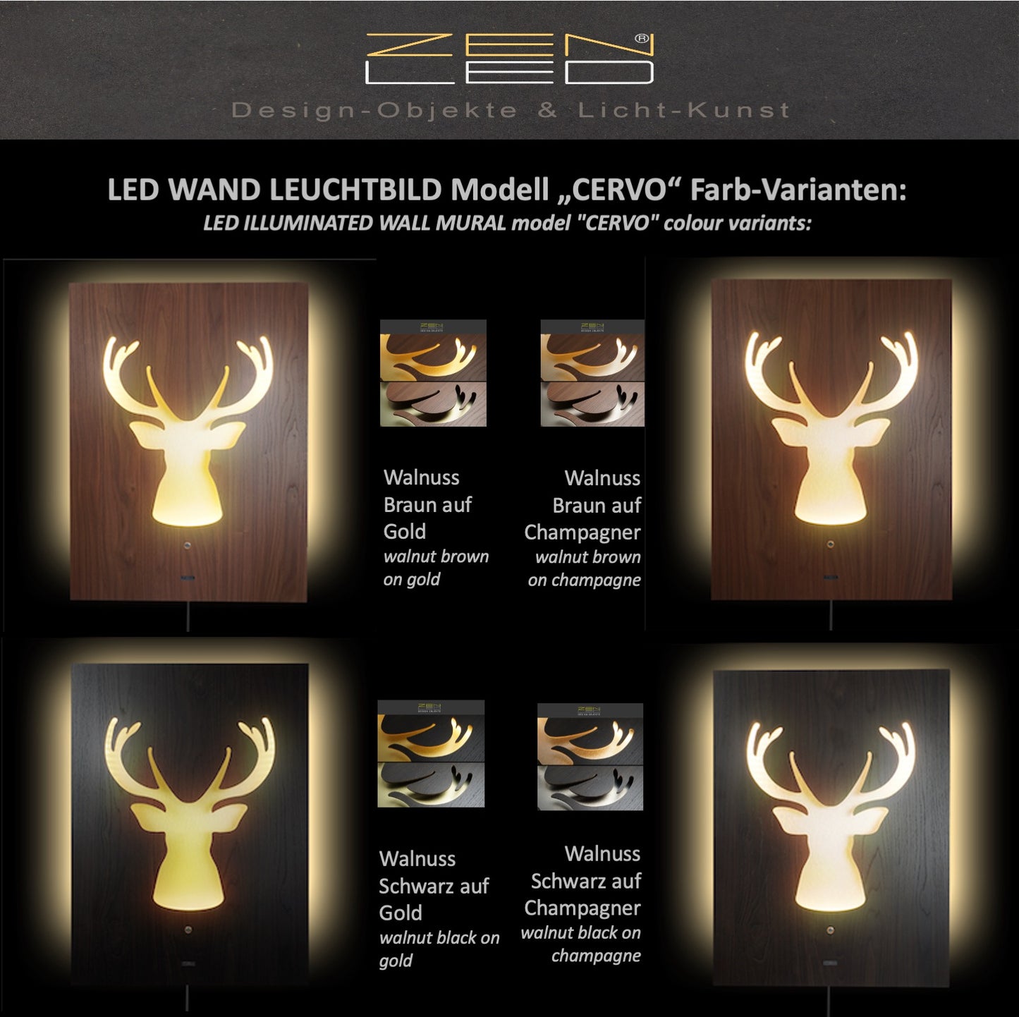 LED wall picture CERVO deer deer antlers WOOD look series - 3D effect illuminated rustic modern decoration country house vintage