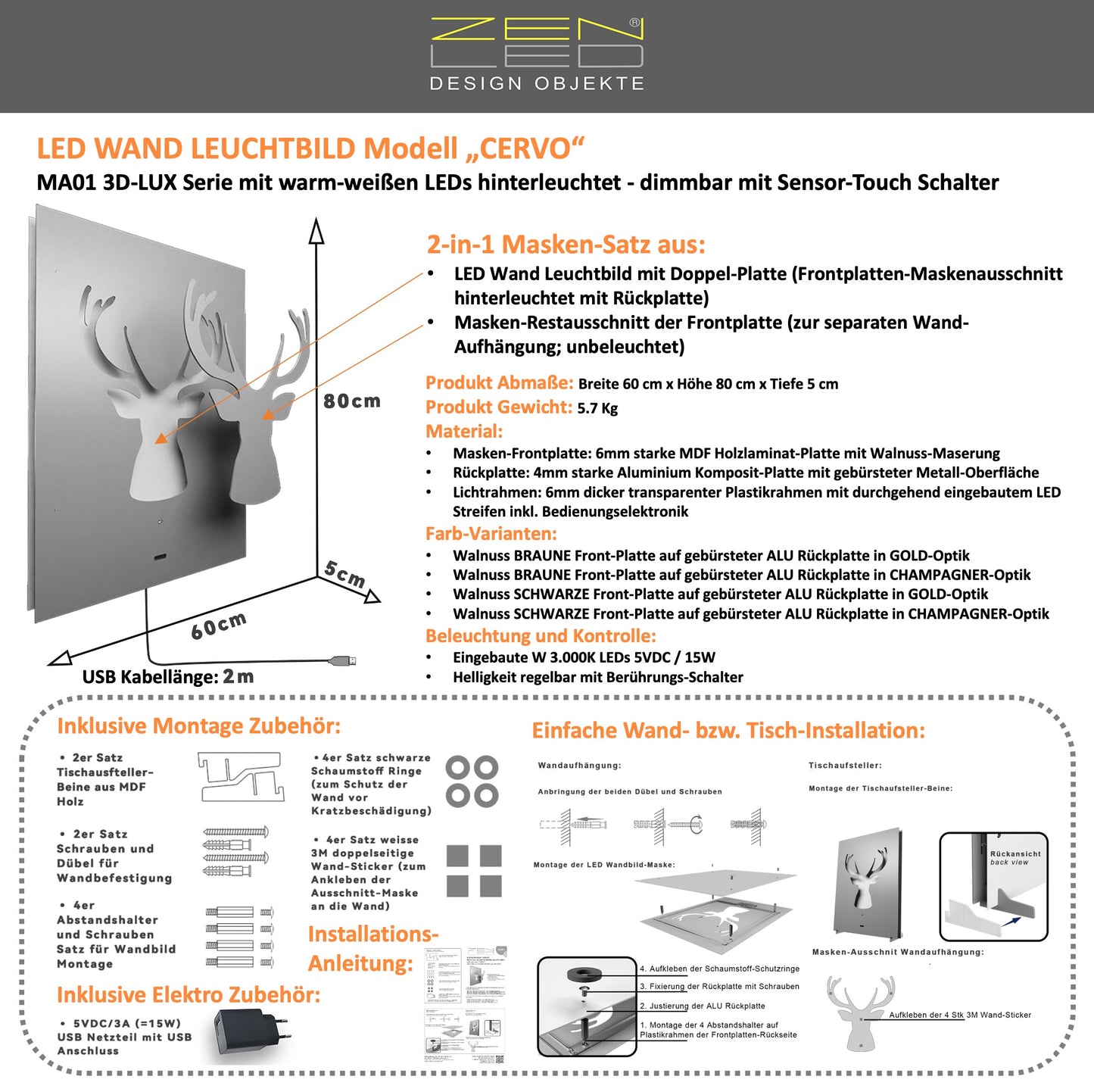 LED wall picture CERVO deer deer antlers WOOD look series - 3D effect illuminated rustic modern decoration country house vintage