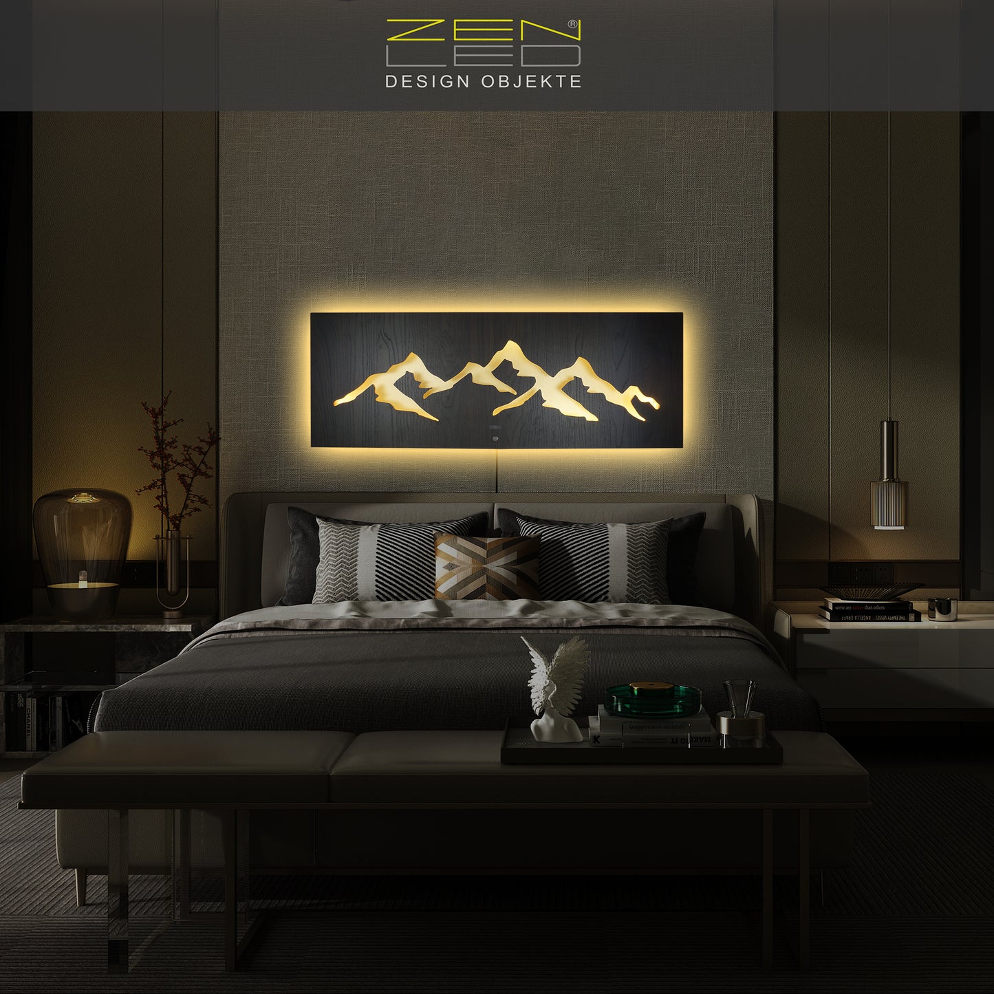 LED Wandbild MONTAGNA Berglandschaft | HOLZ-Optik mit Gold 110x40cm | Doppelplatte Holz und Metall mit 3D Lichteffekt | Wanddeko mit warm-weissen LEDs hinterleuchtet dimmbar | rustikal modern Landhaus