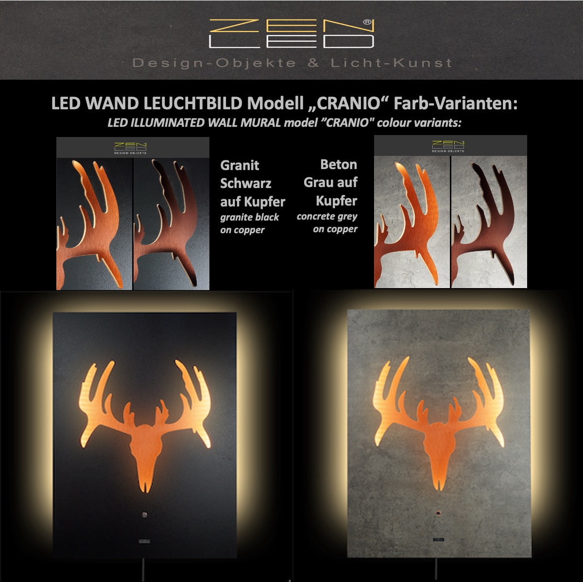 Murale LED CRANIO bois d'élan série look PIERRE NATURELLE - effet 3D éclairé boho décoration moderne en bois ferme shabby chic