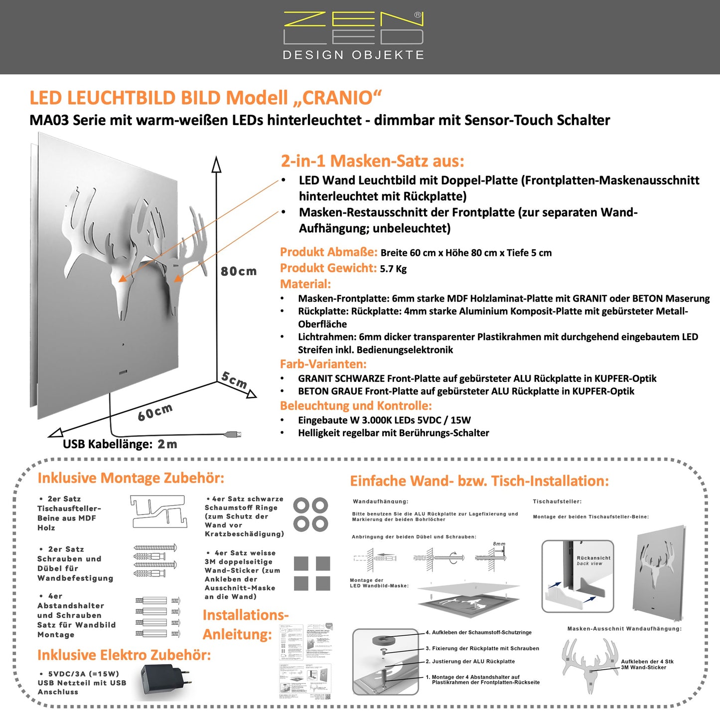 Murale LED CRANIO bois d'élan série look PIERRE NATURELLE - effet 3D éclairé boho décoration moderne en bois ferme shabby chic