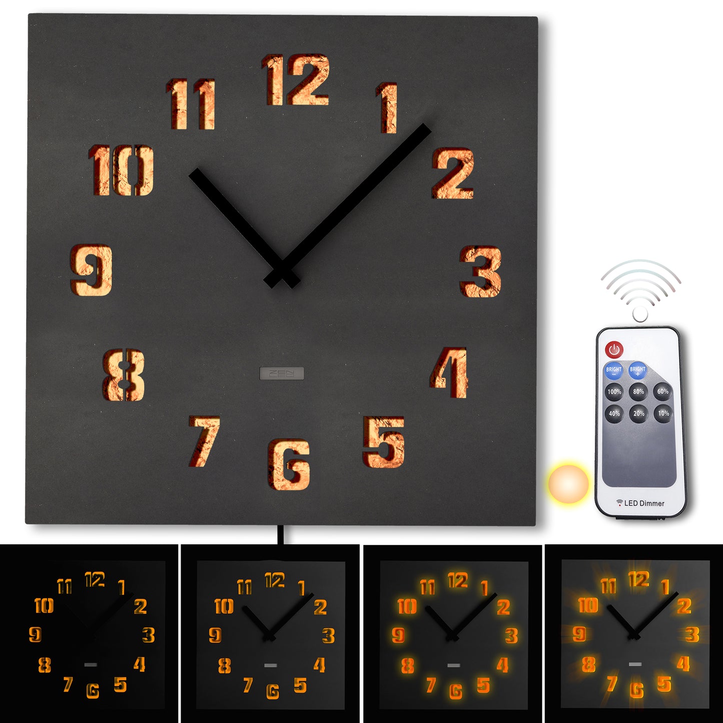 LED Designer Wanduhr GROTTO QUATTRO | Eckig 40cm | Holz mit KUPFER-Plättchen 3D-Lichteffekt | Wanddeko warmweiss ausgeleuchtet per Fernbedienung |nicht tickend | modern industriell City Chic