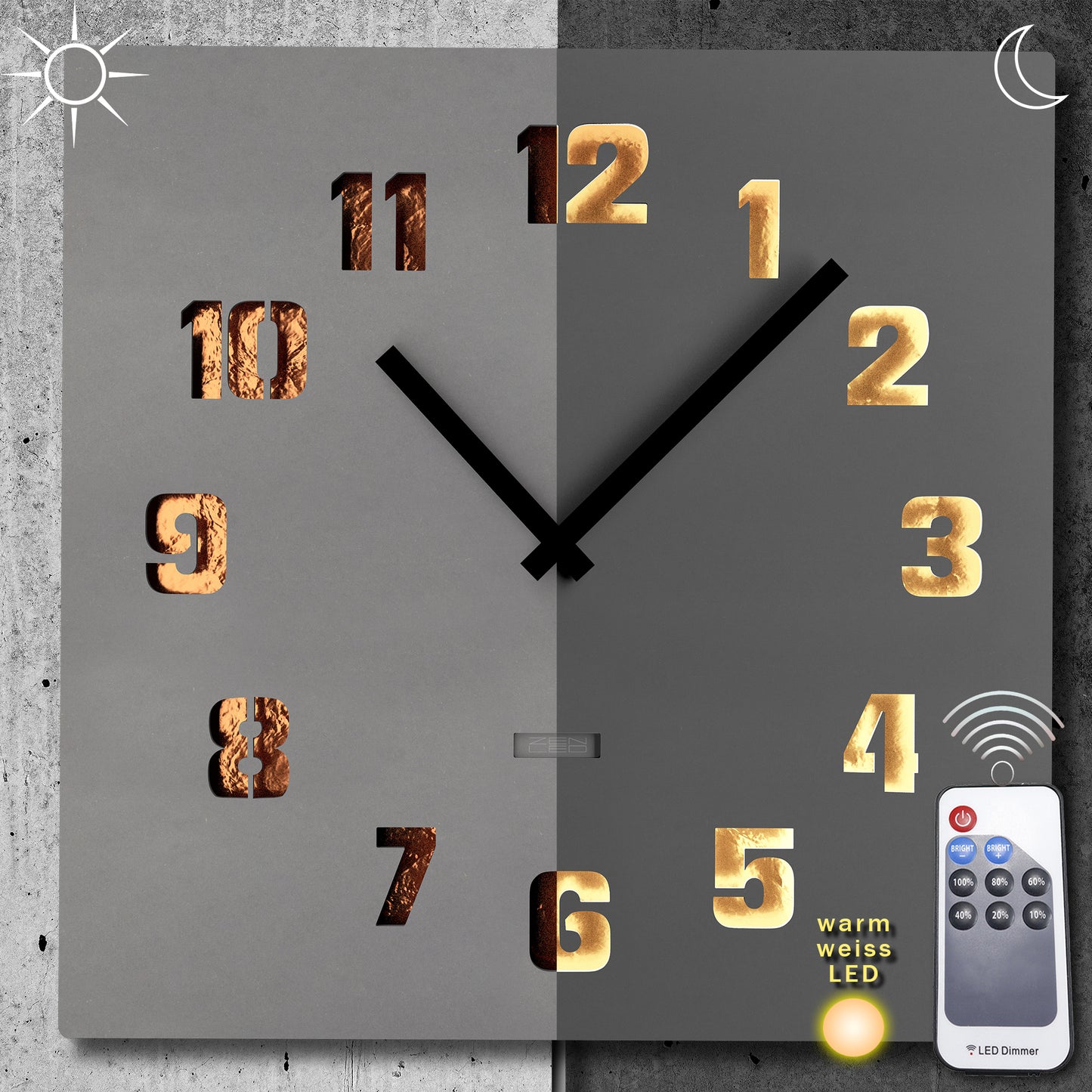 LED Designer Wanduhr GROTTO QUATTRO | Eckig 40cm | Holz mit KUPFER-Plättchen 3D-Lichteffekt | Wanddeko warmweiss ausgeleuchtet per Fernbedienung |nicht tickend | modern industriell City Chic