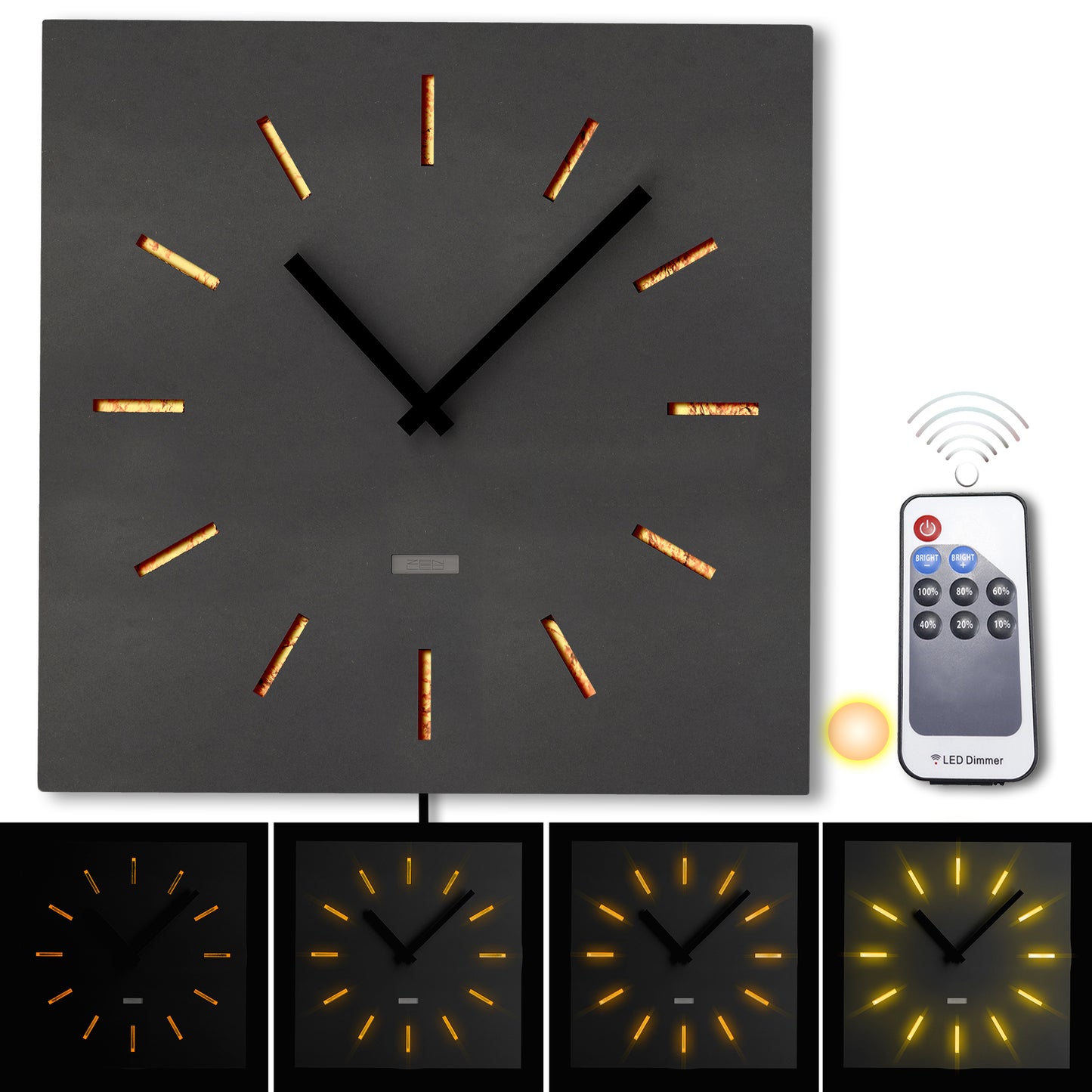 LED Designer Wanduhr GROTTO QUATTRO | Eckig 40cm | Holz mit KUPFER-Plättchen 3D-Lichteffekt | Wanddeko warmweiss ausgeleuchtet per Fernbedienung |nicht tickend | modern industriell City Chic