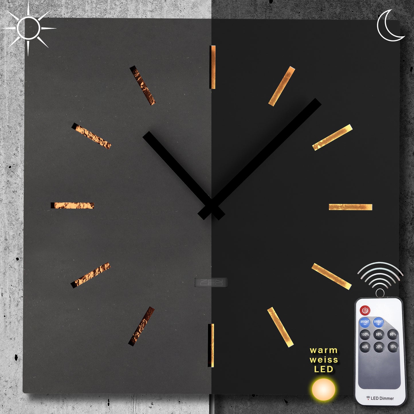 LED Designer Wanduhr GROTTO QUATTRO | Eckig 40cm | Holz mit KUPFER-Plättchen 3D-Lichteffekt | Wanddeko warmweiss ausgeleuchtet per Fernbedienung |nicht tickend | modern industriell City Chic