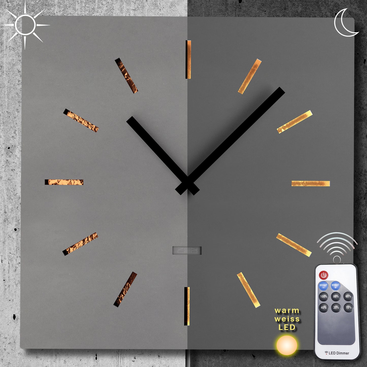 LED Designer Wanduhr GROTTO QUATTRO | Eckig 40cm | Holz mit KUPFER-Plättchen 3D-Lichteffekt | Wanddeko warmweiss ausgeleuchtet per Fernbedienung |nicht tickend | modern industriell City Chic