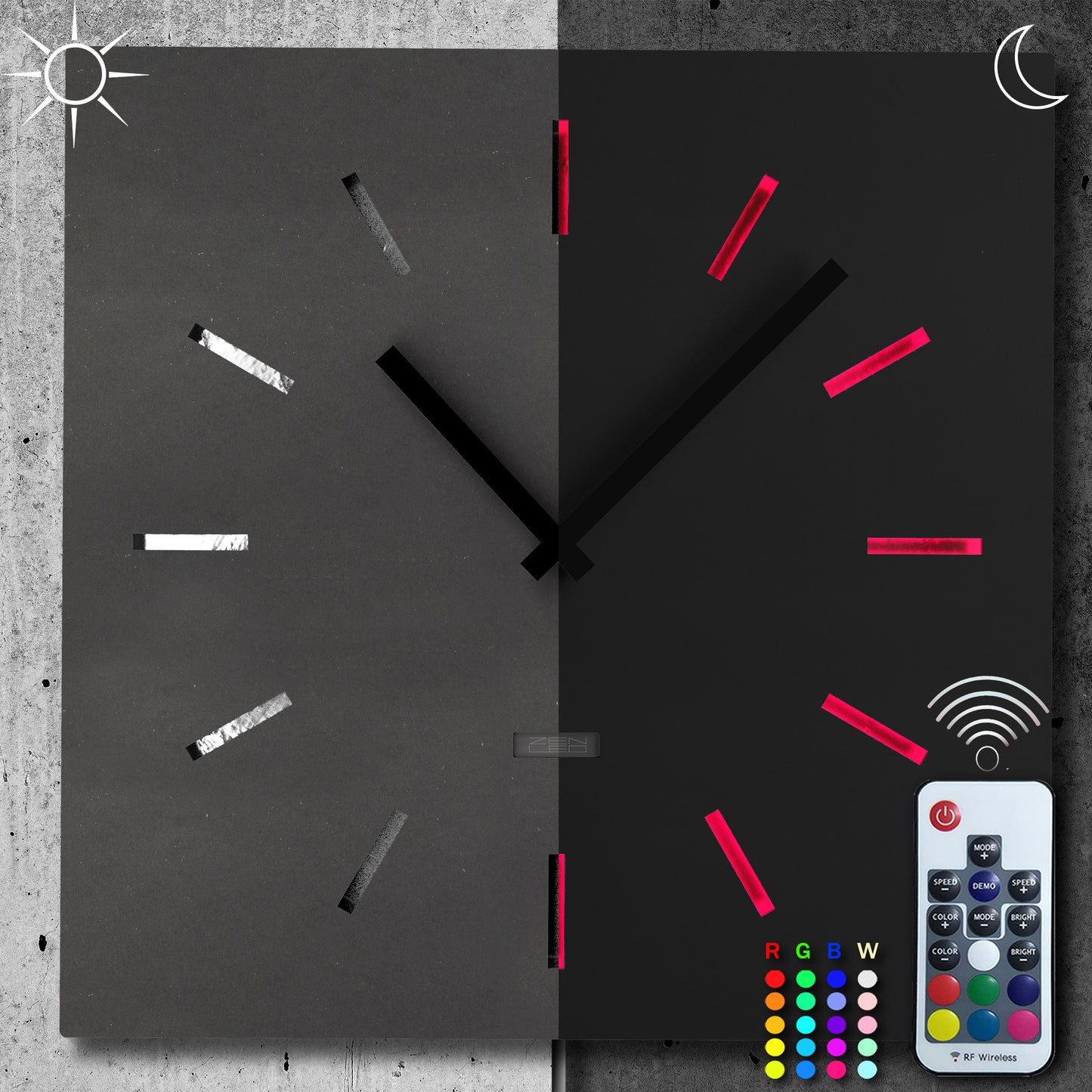 LED Designer Wanduhr GROTTO QUATTRO | Eckig 40cm | Holz mit ALU-Plättchen 3D-Lichteffekt | Leuchtdeko farbig RGB ausgeleuchtet per Fernbedienung | lautlos | modern industriell City Chic