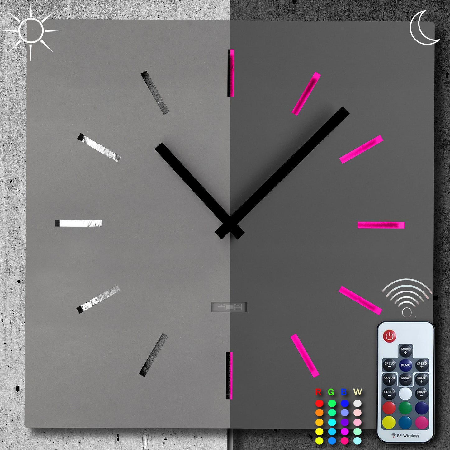 LED Designer Wanduhr GROTTO QUATTRO | Eckig 40cm | Holz mit ALU-Plättchen 3D-Lichteffekt | Leuchtdeko farbig RGB ausgeleuchtet per Fernbedienung | lautlos | modern industriell City Chic