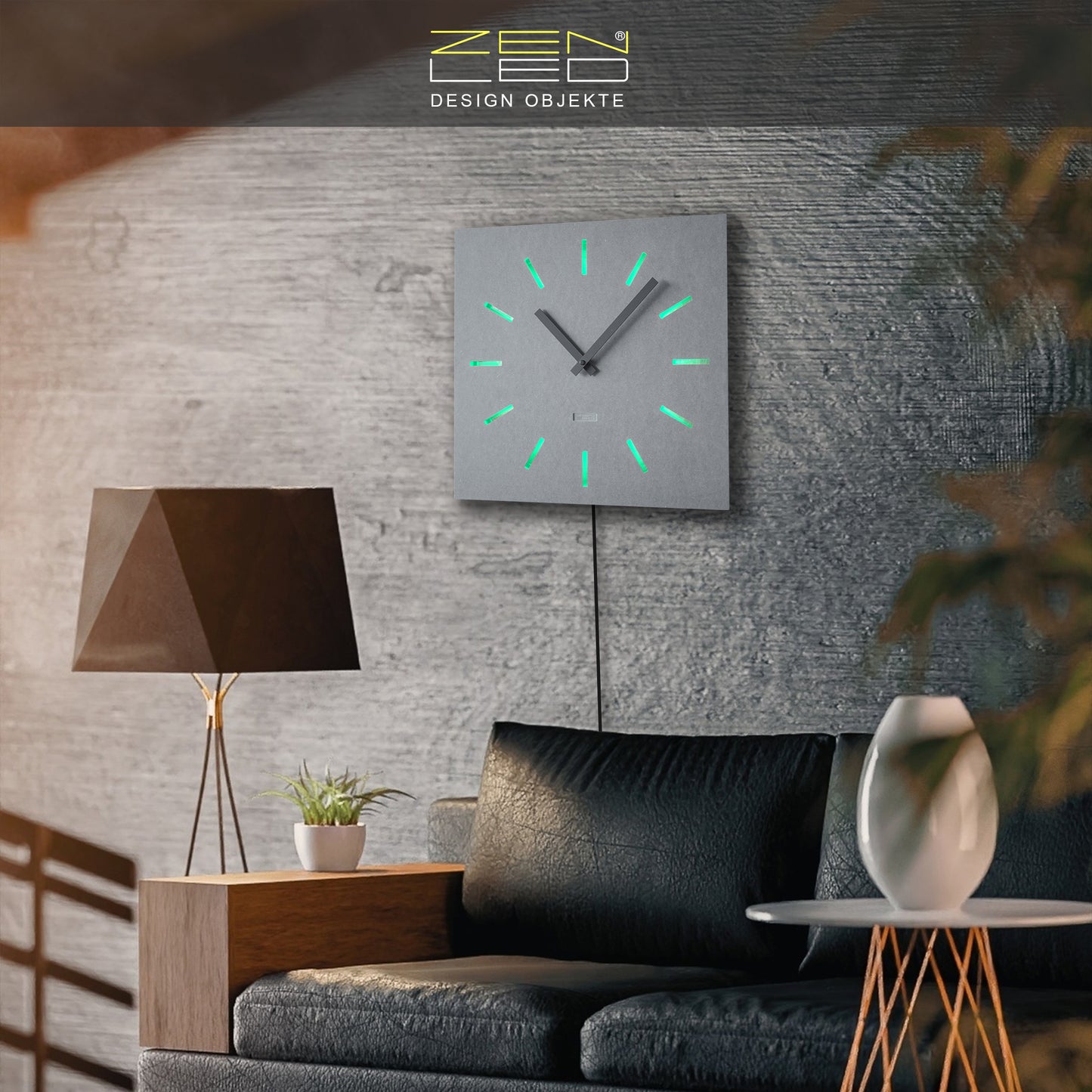 LED Designer Wanduhr GROTTO QUATTRO | Eckig 40cm | Holz mit ALU-Plättchen 3D-Lichteffekt | Leuchtdeko farbig RGB ausgeleuchtet per Fernbedienung | lautlos | modern industriell City Chic