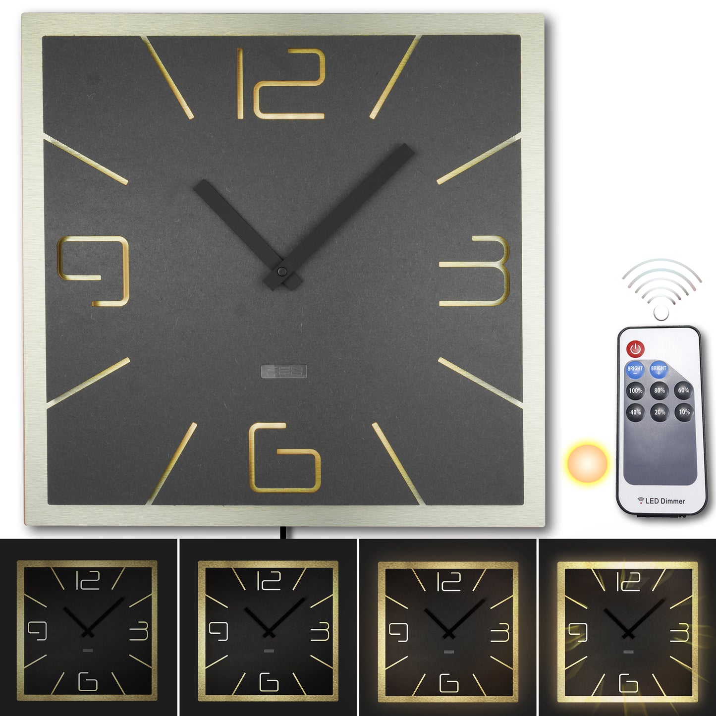 LED Designer Wanduhr DOPPIO QUATTRO | Eckig XL 40cm und XXL 56cm | Doppelplatte Holz mit ALU Metall 3D-Effekt | Wanddeko warmweiss beleuchtet per Fernbedienung | nicht tickend | modern BoHo