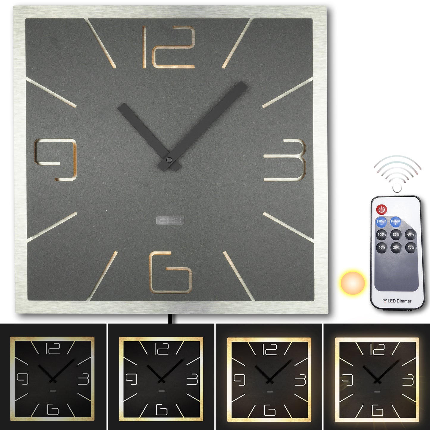 LED Designer Wanduhr DOPPIO QUATTRO | Eckig XL 40cm und XXL 56cm | Doppelplatte Holz mit ALU Metall 3D-Effekt | Wanddeko warmweiss beleuchtet per Fernbedienung | nicht tickend | modern BoHo