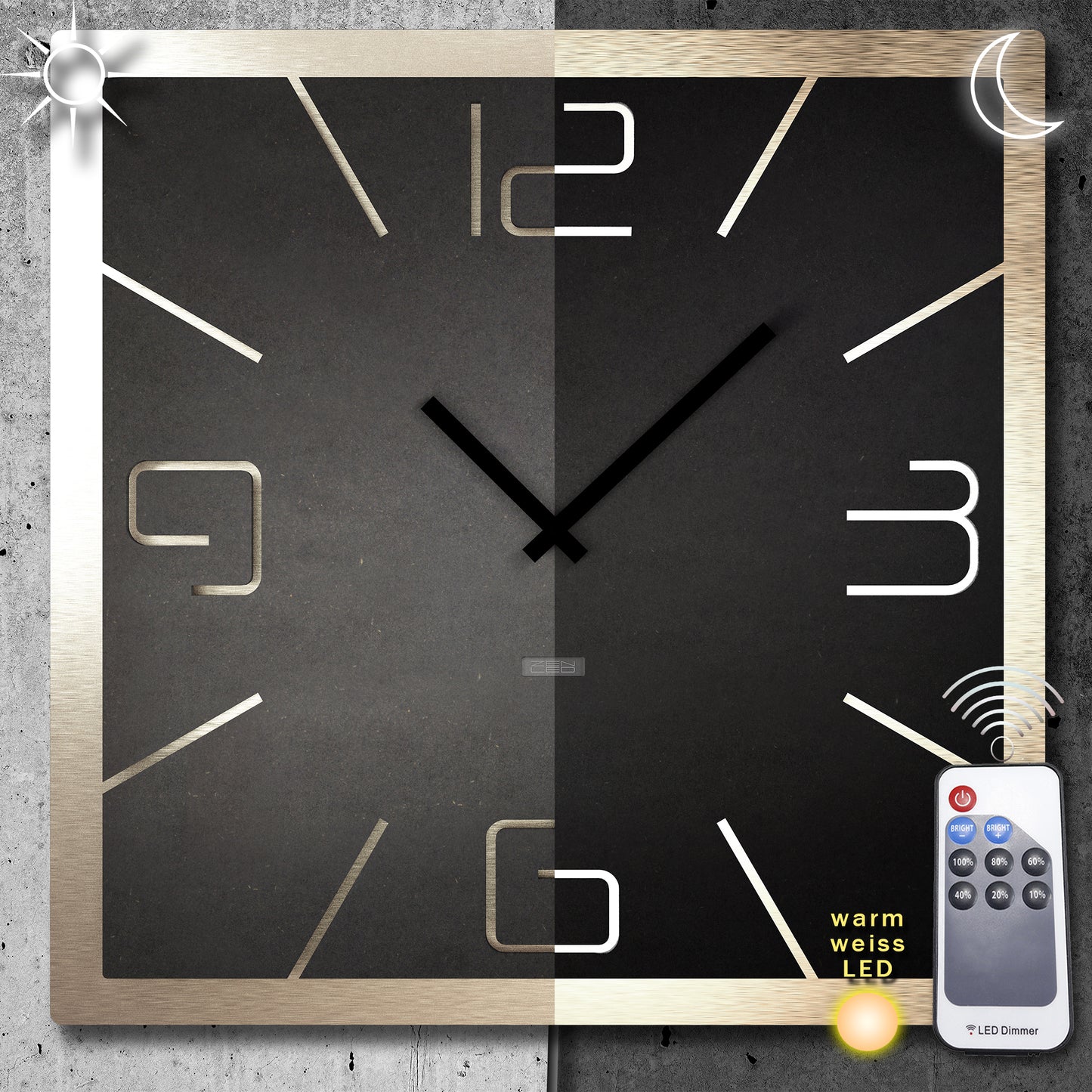 LED Designer Wanduhr DOPPIO QUATTRO | Eckig XL 40cm und XXL 56cm | Doppelplatte Holz mit ALU Metall 3D-Effekt | Wanddeko warmweiss beleuchtet per Fernbedienung | nicht tickend | modern BoHo