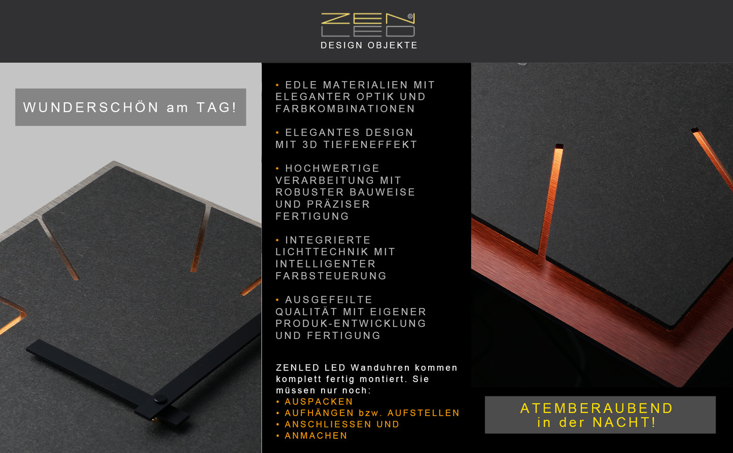 LED Designer Wanduhr DOPPIO RONDO | Rund XL Ø40cm und XXL Ø56cm | Doppelplatte Holz mit ALU Metall 3D-Effekt | Wanddeko warmweiss beleuchtet per Fernbedienung | lautlos | modern BoHo