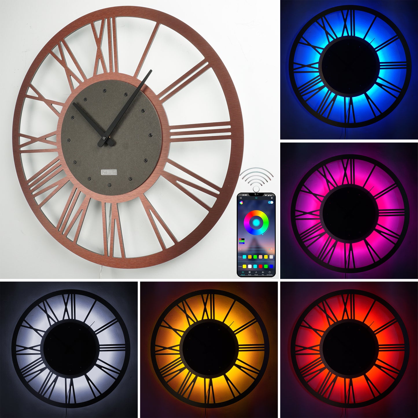 LED Wanduhr ROMA ALU Metall | Rund Ø50cm und Ø70cm | großes Zifferblatt mit römischen Zahlen in 3D-Effekt hinterleuchtet | mit farbigen RGBs per APP Bluetooth Fernbedienung | lautlos | Steampunk Retro