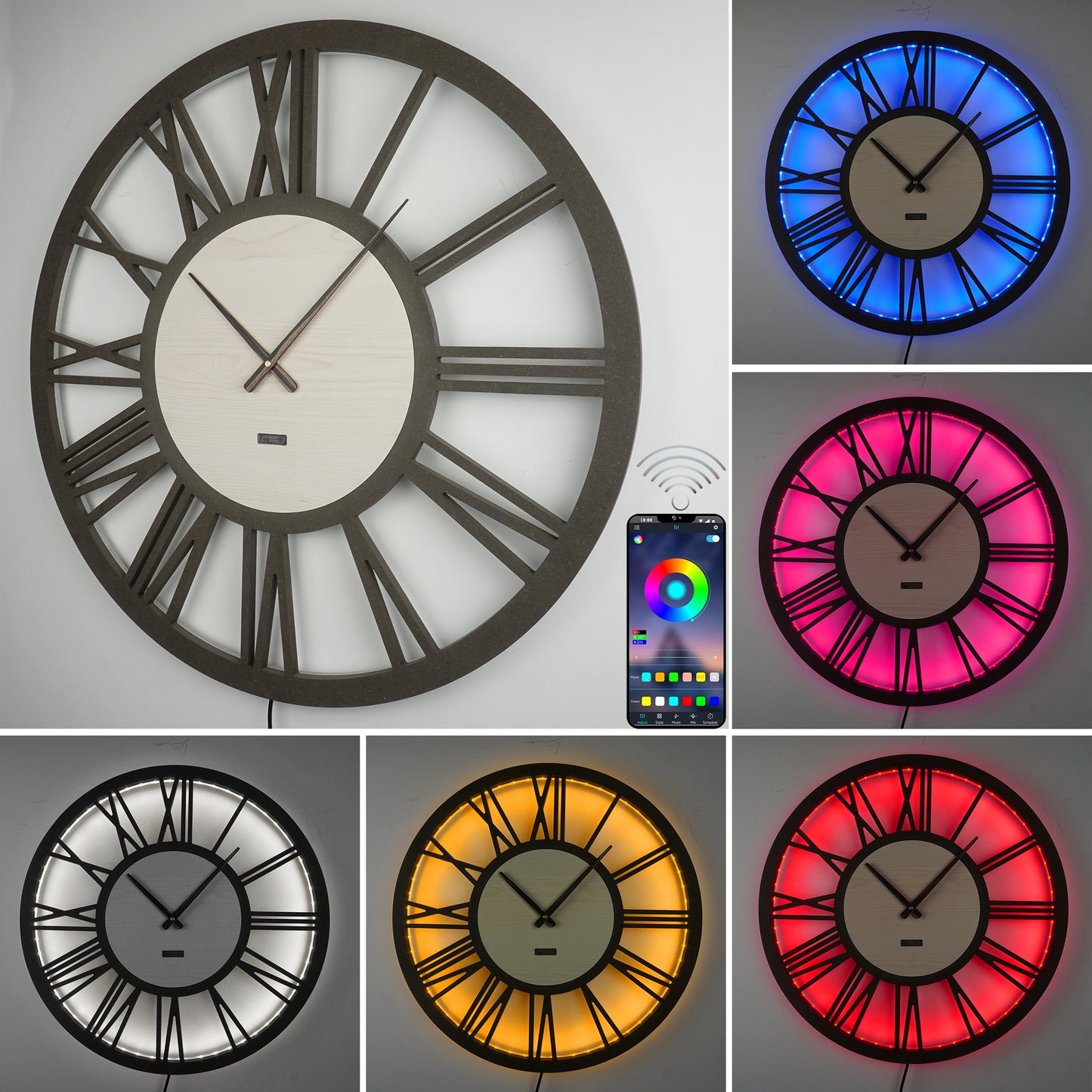 LED Wanduhr ROMA HOLZ | Rund Ø50cm und Ø70cm | großes Zifferblatt mit römischen Zahlen in 3D-Effekt hinterleuchtet | mit bunten RGBs per APP Bluetooth Fernbedienung | lautlos | Steampunk Vintage