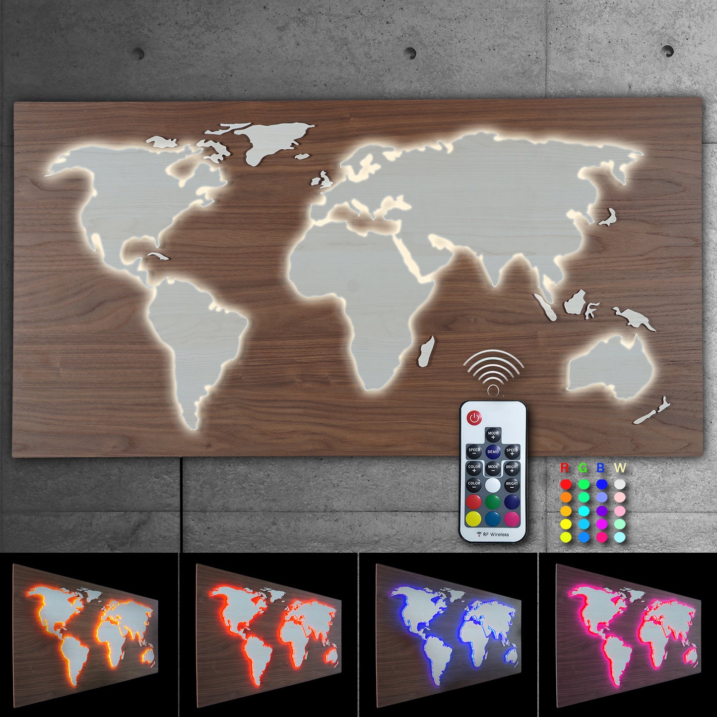 LED Designer LUX Weltkarte MAPPA DEL MONDO | HOLZ-Optik Serie 110x57cm |  Wandobjekt und Leuchtbild mit 3D Effekt | farbige RGB Beleuchtung mit Fernbedienung | Vintage Landhaus Boho Shabby-Chic