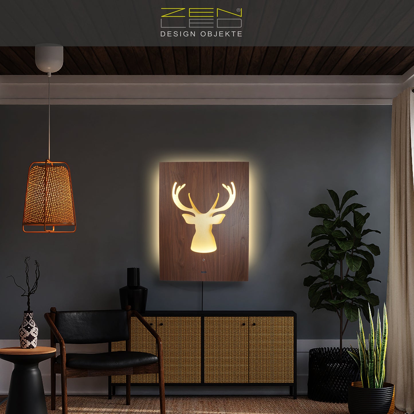 LED Wandbild CERVO Hirsch Geweih | HOLZ-Optik mit Gold 60x80cm | Doppelplatte Holz und Metall mit 3D Lichteffekt | Wandobjekt mit warm-weissen LEDs hinterleuchtet dimmbar | rustikal Landhaus Vintage