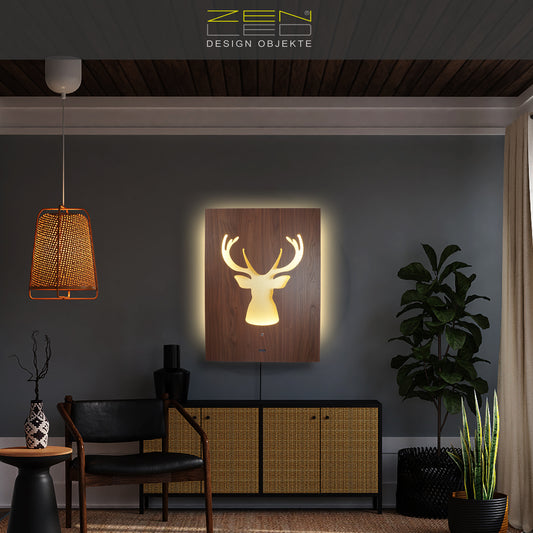 LED Wandbild CERVO Hirsch Geweih | HOLZ-Optik mit Gold 60x80cm | Doppelplatte Holz und Metall mit 3D Lichteffekt | Wandobjekt mit warm-weissen LEDs hinterleuchtet dimmbar | rustikal Landhaus Vintage