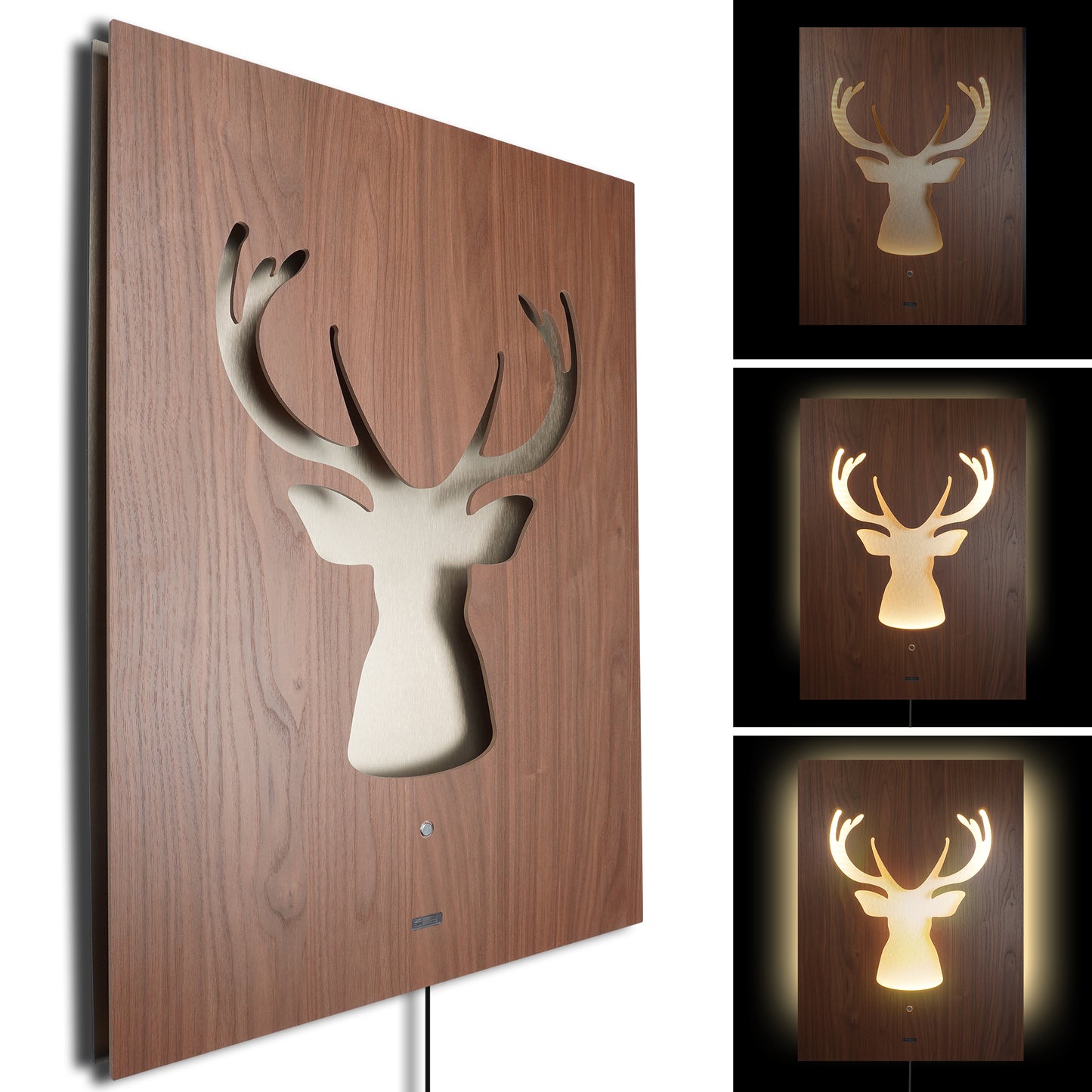 LED Wandbild CERVO Hirsch Geweih | HOLZ-Optik mit Gold 60x80cm | Doppelplatte Holz und Metall mit 3D Lichteffekt | Wandobjekt mit warm-weissen LEDs hinterleuchtet dimmbar | rustikal Landhaus Vintage