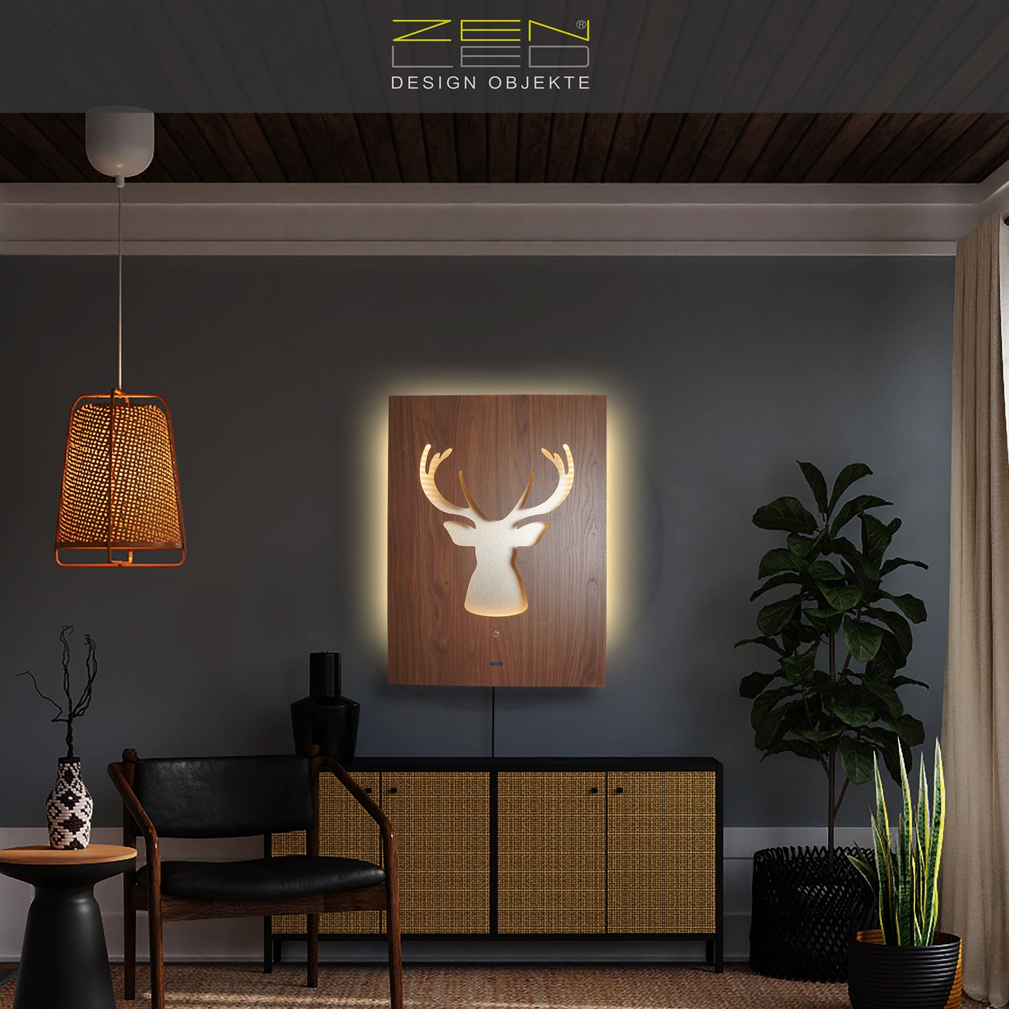 LED Wandbild CERVO Hirsch Geweih | HOLZ-Optik mit Gold 60x80cm | Doppelplatte Holz und Metall mit 3D Lichteffekt | Wandobjekt mit warm-weissen LEDs hinterleuchtet dimmbar | rustikal Landhaus Vintage