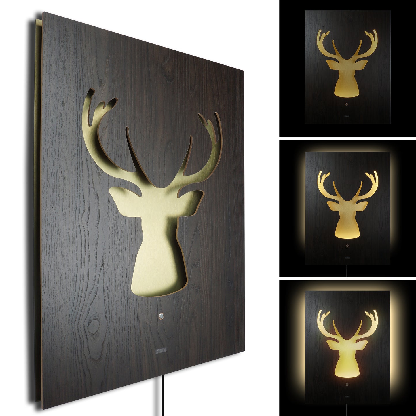 LED Wandbild CERVO Hirsch Geweih | HOLZ-Optik mit Gold 60x80cm | Doppelplatte Holz und Metall mit 3D Lichteffekt | Wandobjekt mit warm-weissen LEDs hinterleuchtet dimmbar | rustikal Landhaus Vintage