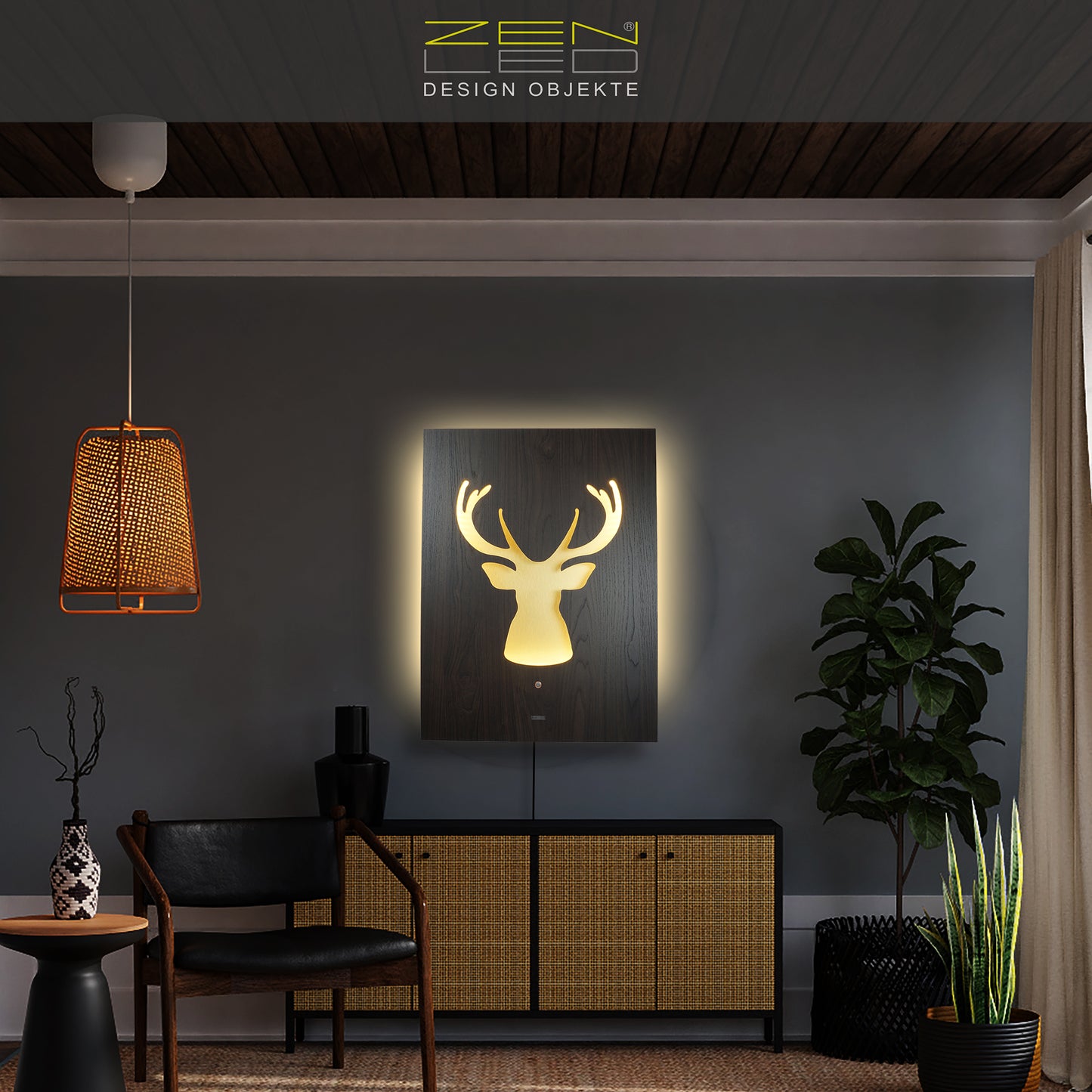 LED Wandbild CERVO Hirsch Geweih | HOLZ-Optik mit Gold 60x80cm | Doppelplatte Holz und Metall mit 3D Lichteffekt | Wandobjekt mit warm-weissen LEDs hinterleuchtet dimmbar | rustikal Landhaus Vintage