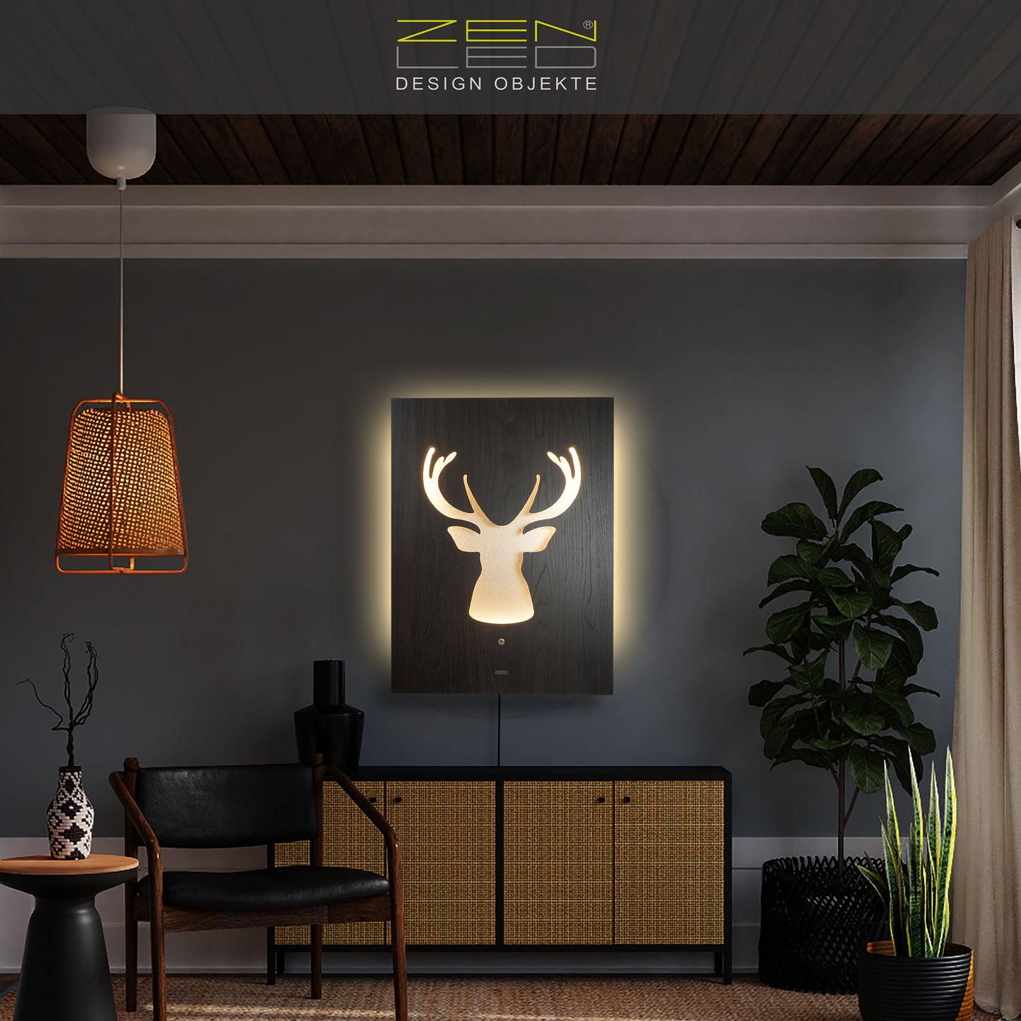 LED Wandbild CERVO Hirsch Geweih | HOLZ-Optik mit Gold 60x80cm | Doppelplatte Holz und Metall mit 3D Lichteffekt | Wandobjekt mit warm-weissen LEDs hinterleuchtet dimmbar | rustikal Landhaus Vintage