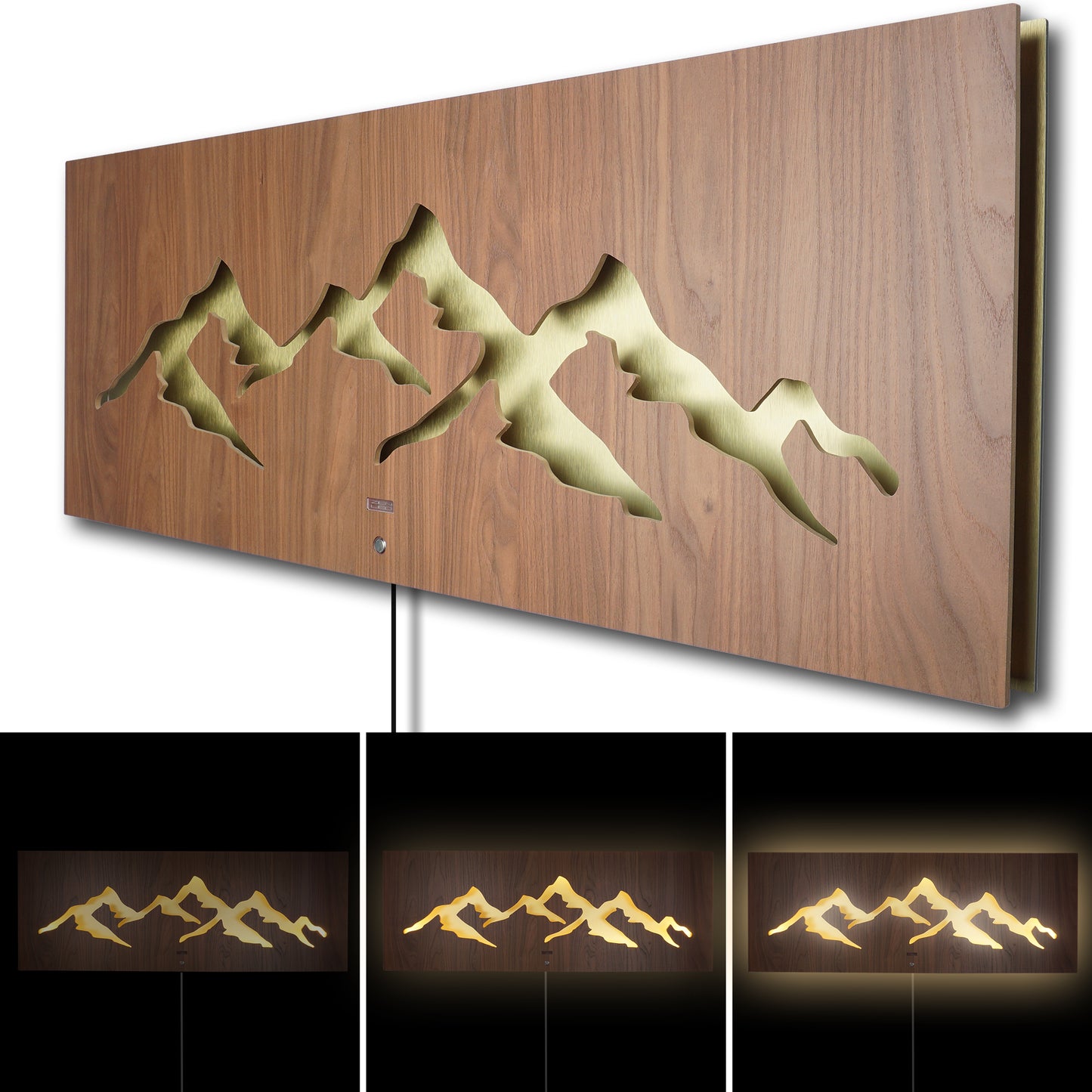 LED Wandbild MONTAGNA Berglandschaft | HOLZ-Optik mit Gold 110x40cm | Doppelplatte Holz und Metall mit 3D Lichteffekt | Wanddeko mit warm-weissen LEDs hinterleuchtet dimmbar | rustikal modern Landhaus