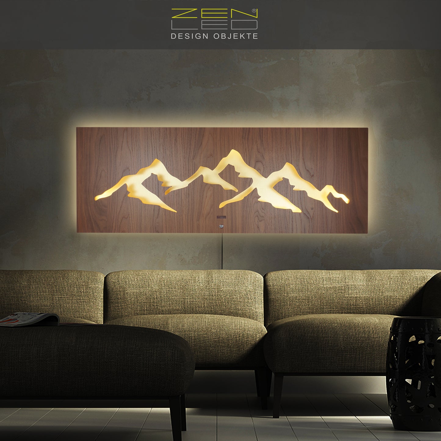 LED Wandbild MONTAGNA Berglandschaft | HOLZ-Optik mit Gold 110x40cm | Doppelplatte Holz und Metall mit 3D Lichteffekt | Wanddeko mit warm-weissen LEDs hinterleuchtet dimmbar | rustikal modern Landhaus