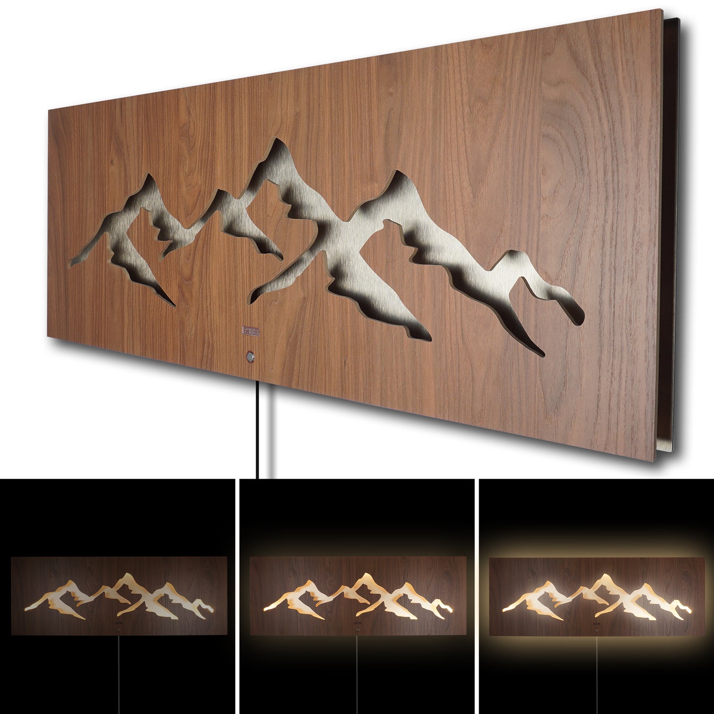 LED Wandbild MONTAGNA Berglandschaft | HOLZ-Optik mit Gold 110x40cm | Doppelplatte Holz und Metall mit 3D Lichteffekt | Wanddeko mit warm-weissen LEDs hinterleuchtet dimmbar | rustikal modern Landhaus