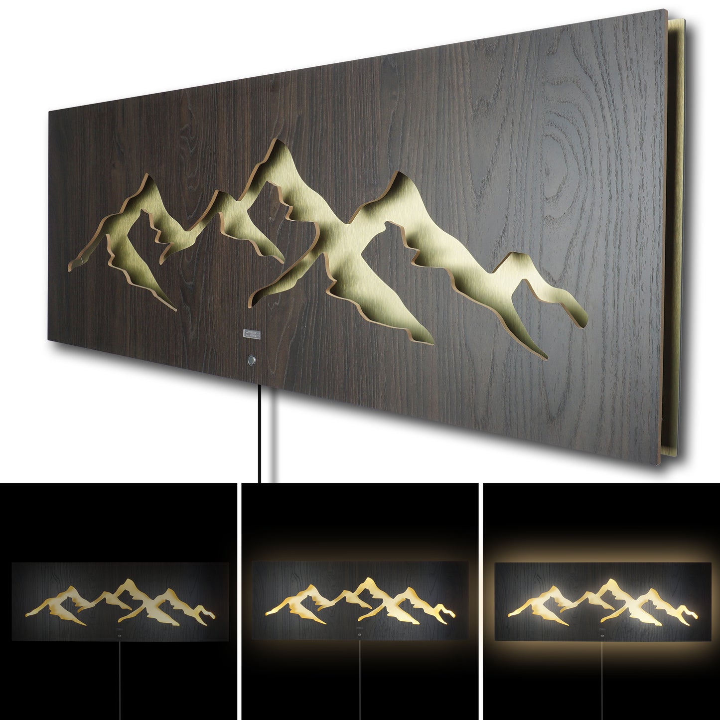 LED Wandbild MONTAGNA Berglandschaft | HOLZ-Optik mit Gold 110x40cm | Doppelplatte Holz und Metall mit 3D Lichteffekt | Wanddeko mit warm-weissen LEDs hinterleuchtet dimmbar | rustikal modern Landhaus