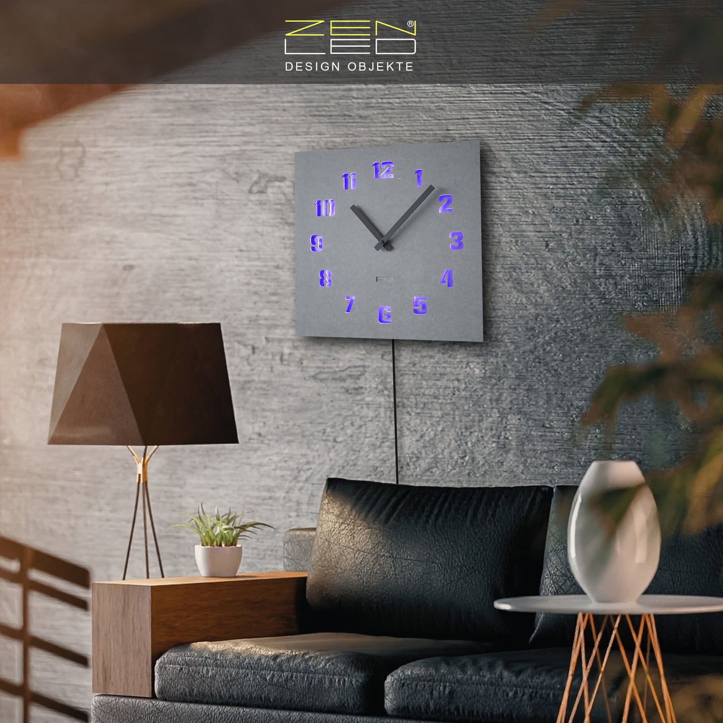 LED Designer Wanduhr GROTTO QUATTRO | Eckig 40cm | Holz mit ALU-Plättchen 3D-Lichteffekt | Leuchtdeko farbig RGB ausgeleuchtet per Fernbedienung | lautlos | modern industriell City Chic