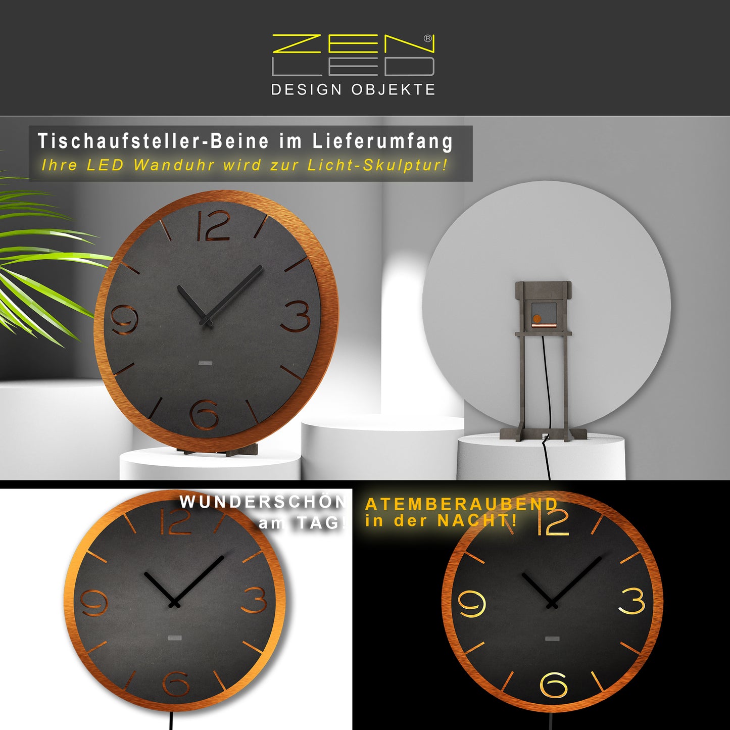 LED Designer Wanduhr DOPPIO RONDO | Rund XL Ø40cm und XXL Ø56cm | Doppelplatte Holz mit ALU Metall 3D-Effekt | Wanddeko warmweiss beleuchtet per Fernbedienung | lautlos | modern BoHo