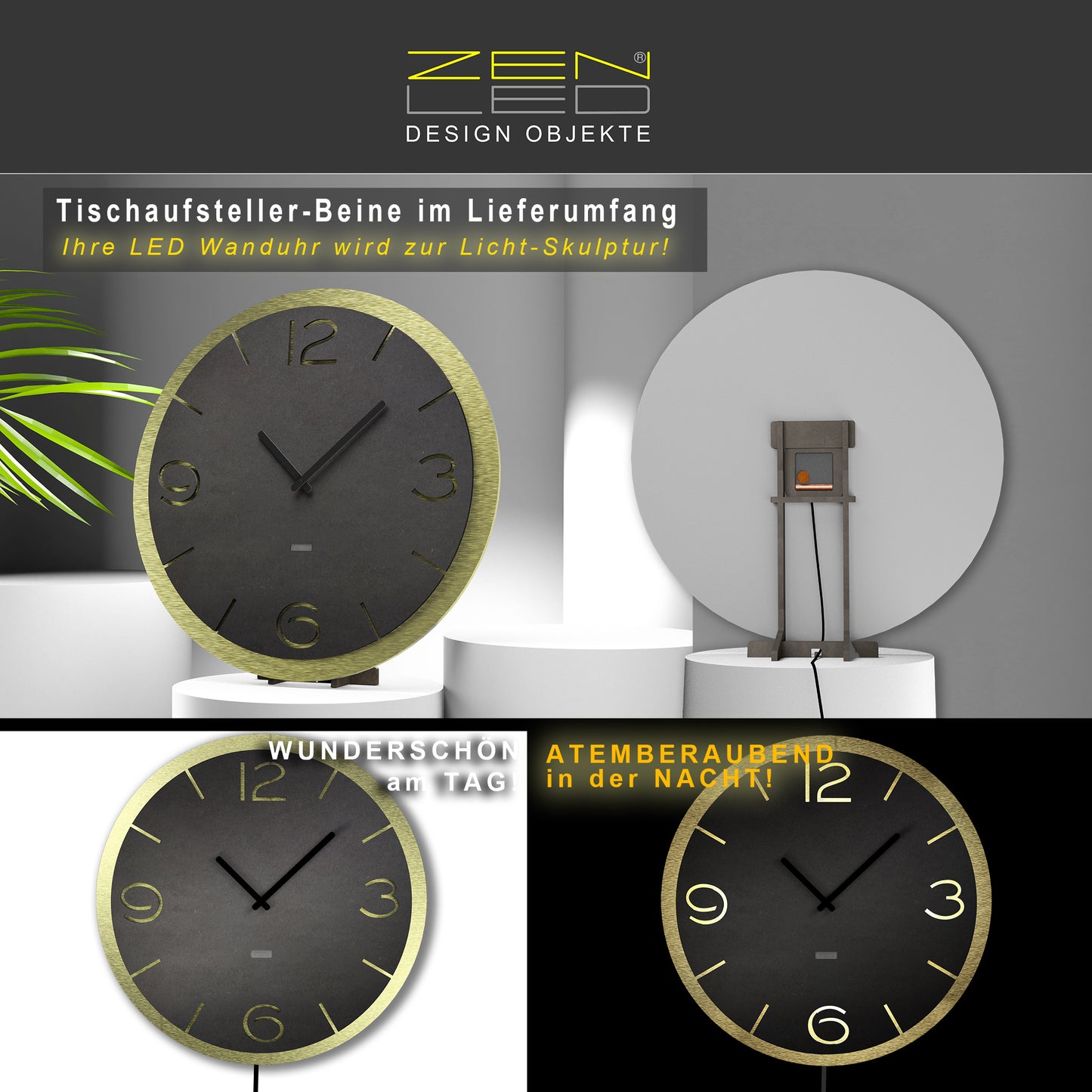 LED Designer Wanduhr DOPPIO RONDO | Rund XL Ø40cm und XXL Ø56cm | Doppelplatte Holz mit ALU Metall 3D-Effekt | Wanddeko warmweiss beleuchtet per Fernbedienung | lautlos | modern BoHo