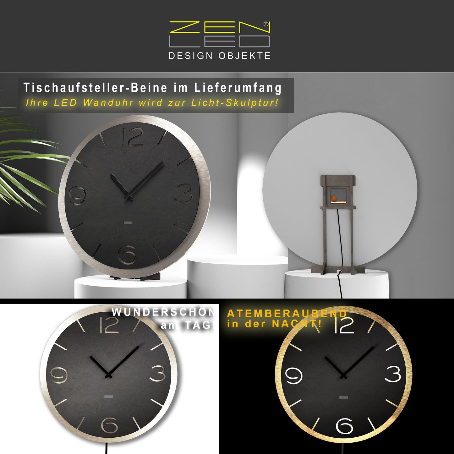 LED Designer Wanduhr DOPPIO RONDO | Rund XL Ø40cm und XXL Ø56cm | Doppelplatte Holz mit ALU Metall 3D-Effekt | Wanddeko warmweiss beleuchtet per Fernbedienung | lautlos | modern BoHo