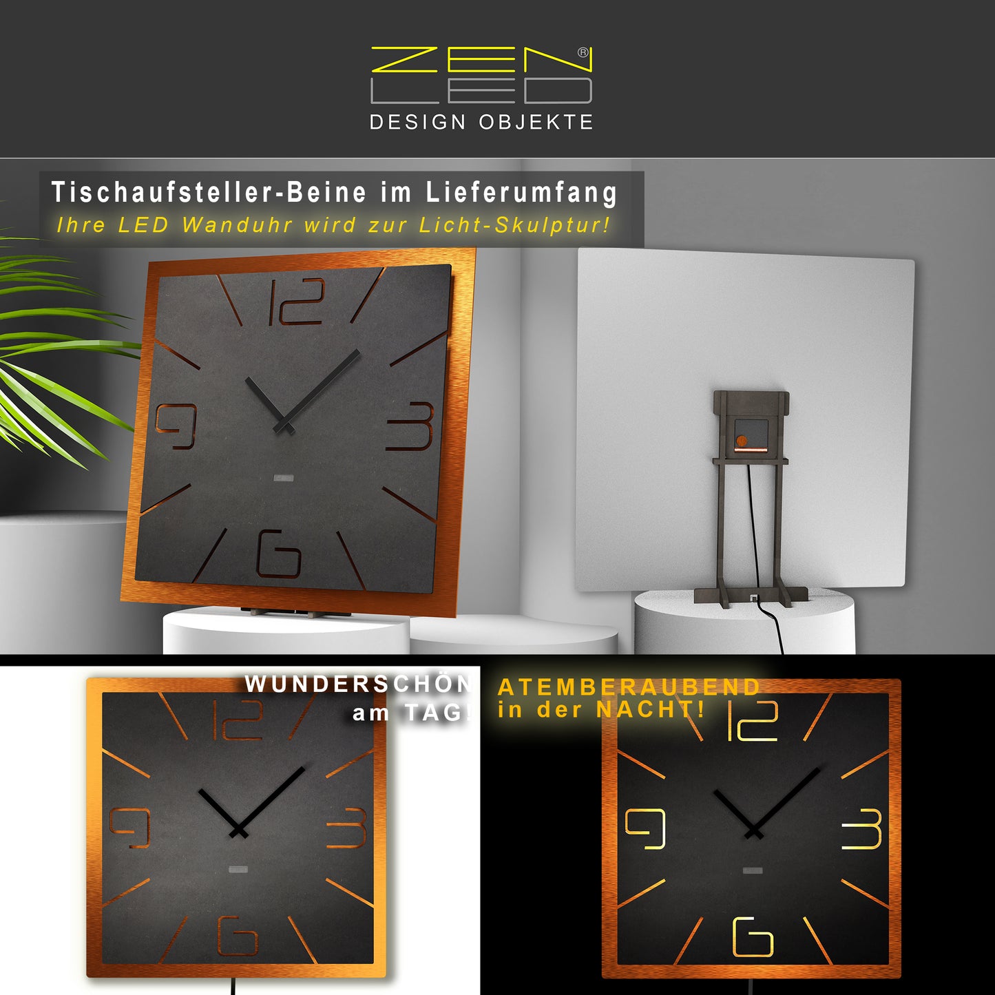 LED Designer Wanduhr DOPPIO QUATTRO | Eckig XL 40cm und XXL 56cm | Doppelplatte Holz mit ALU Metall 3D-Effekt | Wanddeko warmweiss beleuchtet per Fernbedienung | nicht tickend | modern BoHo