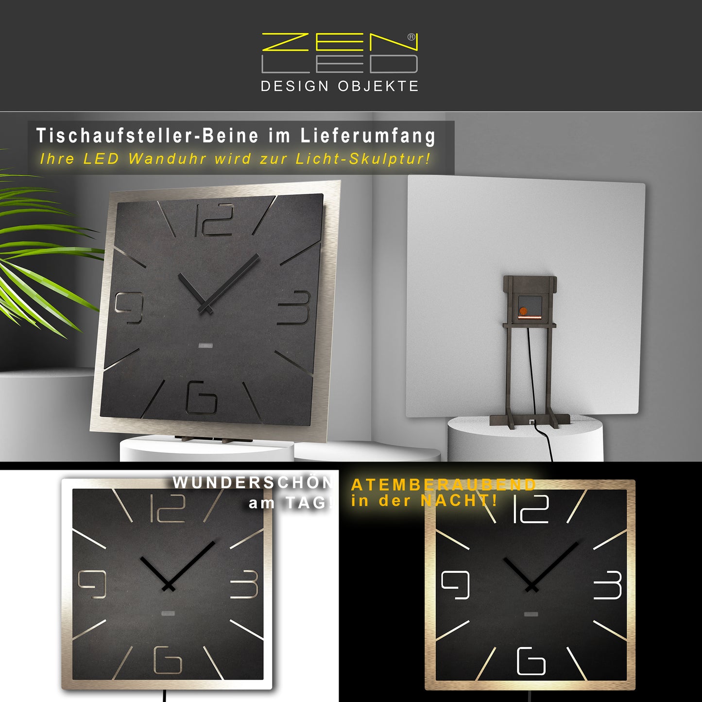 LED Designer Wanduhr DOPPIO QUATTRO | Eckig XL 40cm und XXL 56cm | Doppelplatte Holz mit ALU Metall 3D-Effekt | Wanddeko warmweiss beleuchtet per Fernbedienung | nicht tickend | modern BoHo