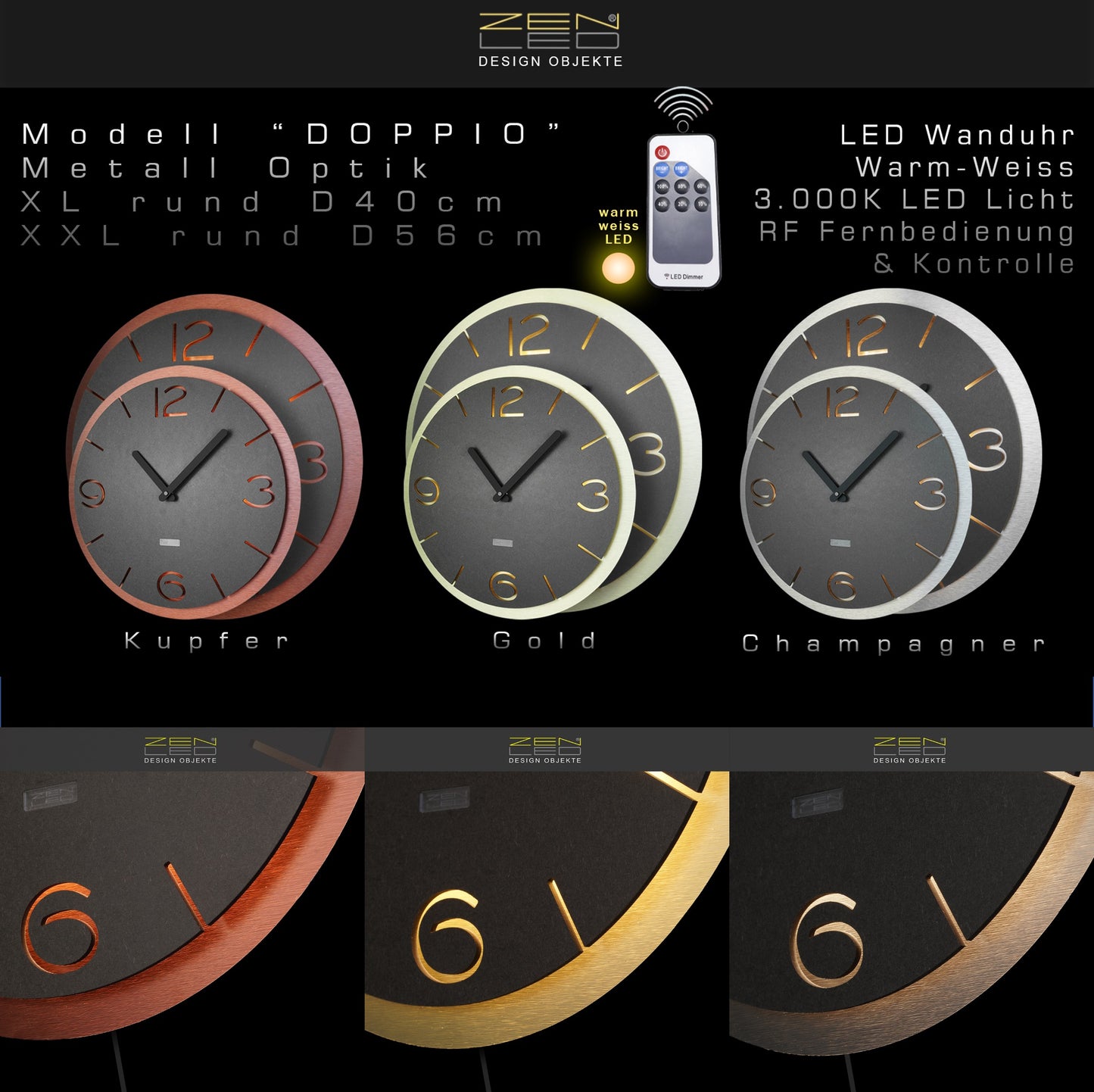 LED Designer Wanduhr DOPPIO RONDO | Rund XL Ø40cm und XXL Ø56cm | Doppelplatte Holz mit ALU Metall 3D-Effekt | Wanddeko warmweiss beleuchtet per Fernbedienung | lautlos | modern BoHo