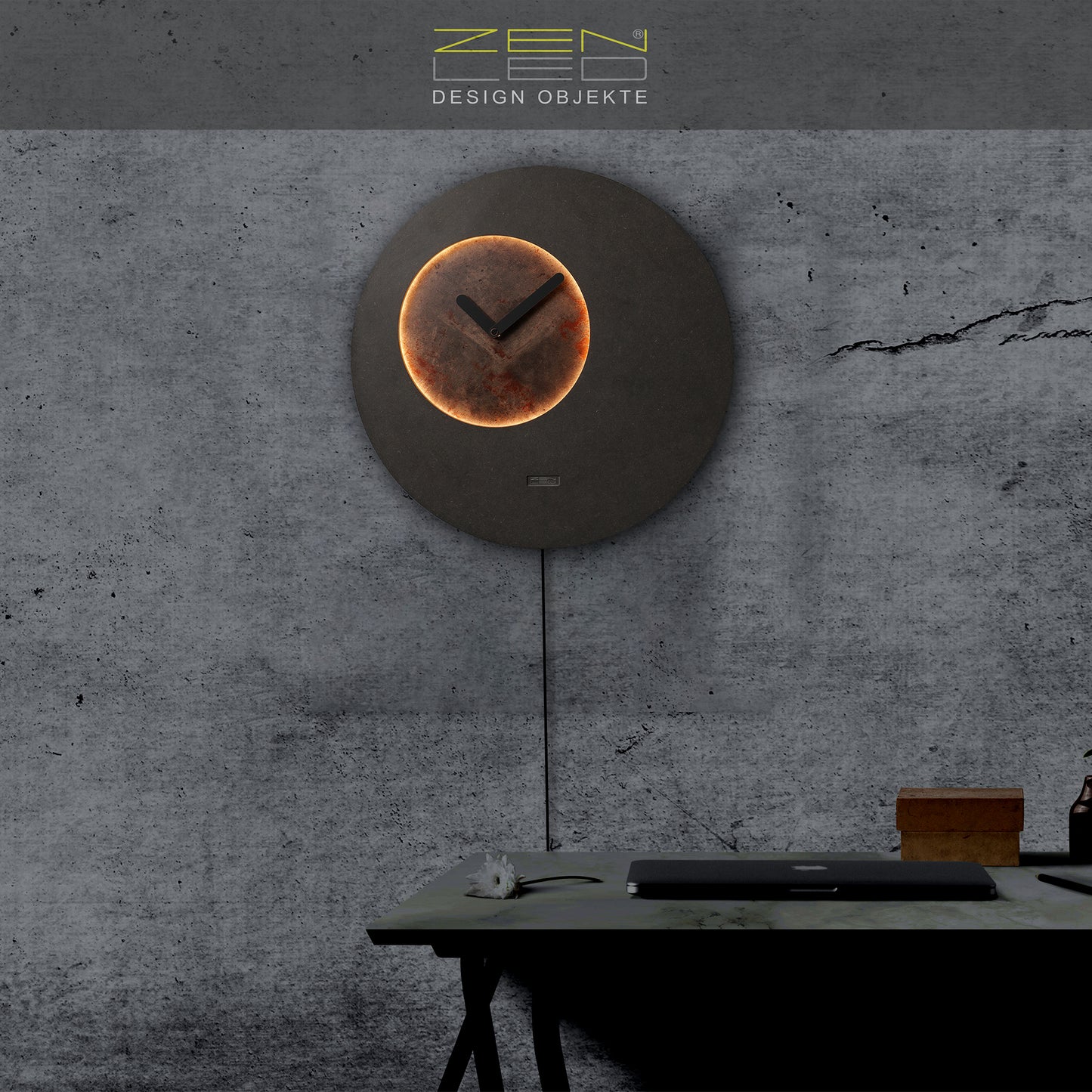 LED Wanduhr LUNA Designer Mond | Rund Ø40cm |  | Zifferblatt in Holz-, Metall-, Stein-, und Holz-Optiken |  Wandobjekt warmweiss in 3D-Effekt ausgeleuchtet mit Fernbedienung | lautlos | modern BoHo