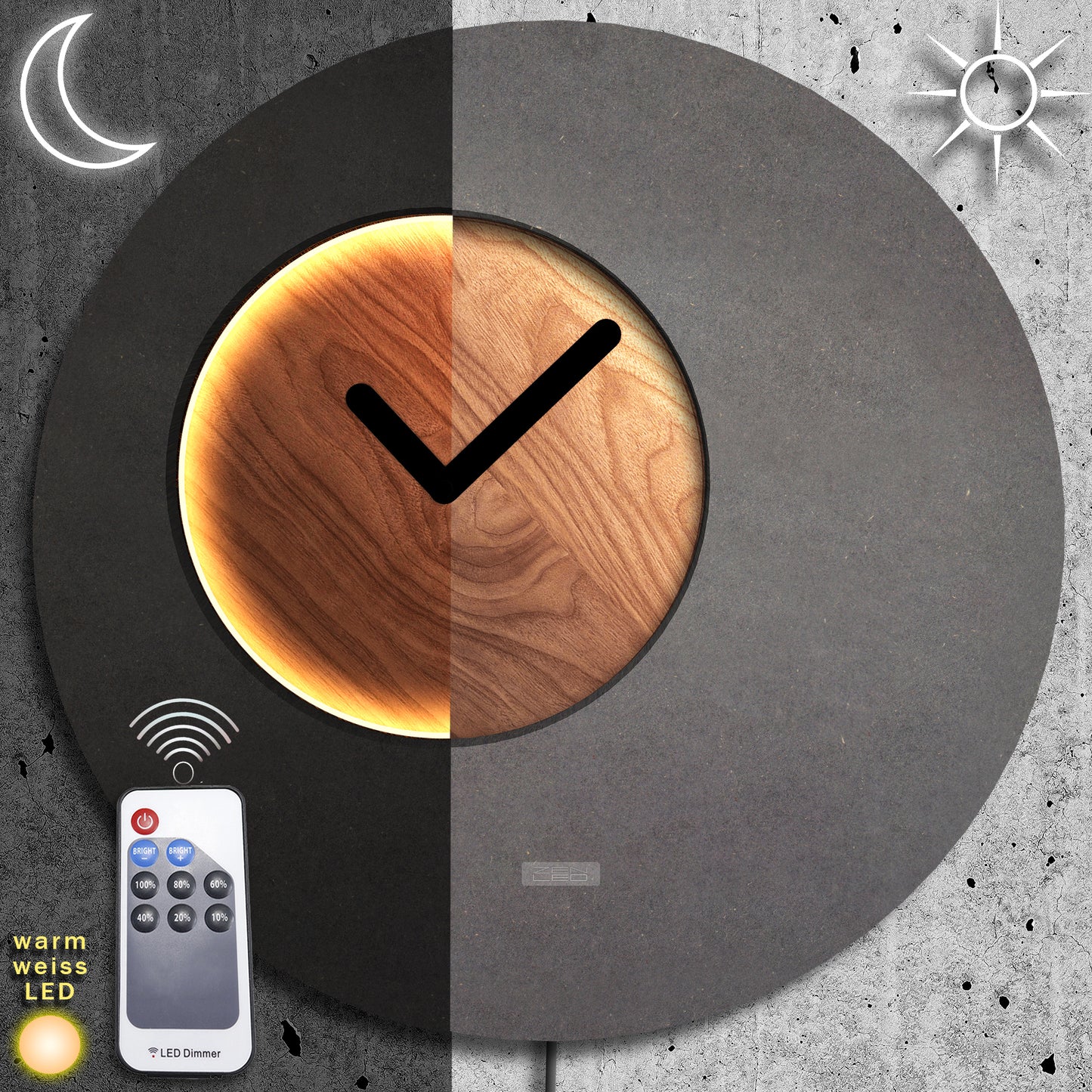 LED Wanduhr LUNA Designer Mond | Rund Ø40cm |  | Zifferblatt in Holz-, Metall-, Stein-, und Holz-Optiken |  Wandobjekt warmweiss in 3D-Effekt ausgeleuchtet mit Fernbedienung | lautlos | modern BoHo