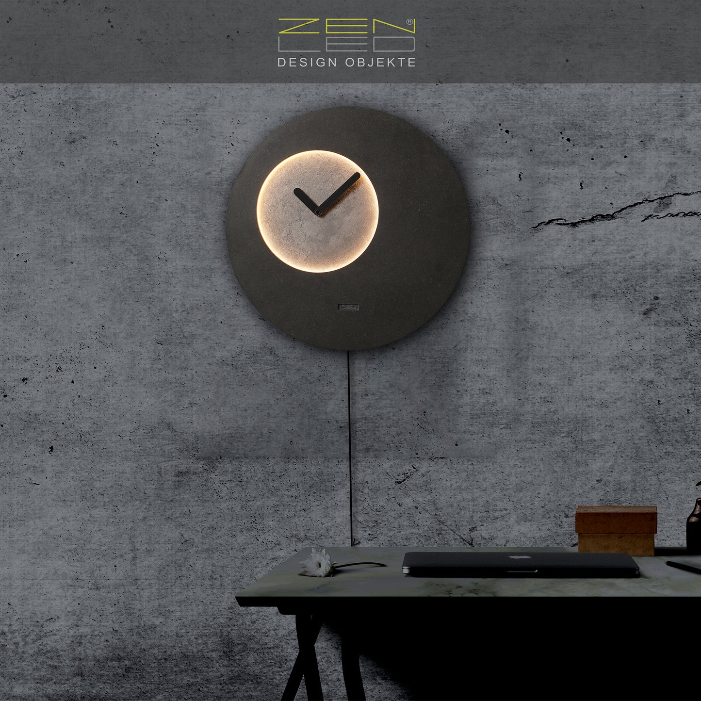 LED Wanduhr LUNA Designer Mond | Rund Ø40cm |  | Zifferblatt in Holz-, Metall-, Stein-, und Holz-Optiken |  Wandobjekt warmweiss in 3D-Effekt ausgeleuchtet mit Fernbedienung | lautlos | modern BoHo