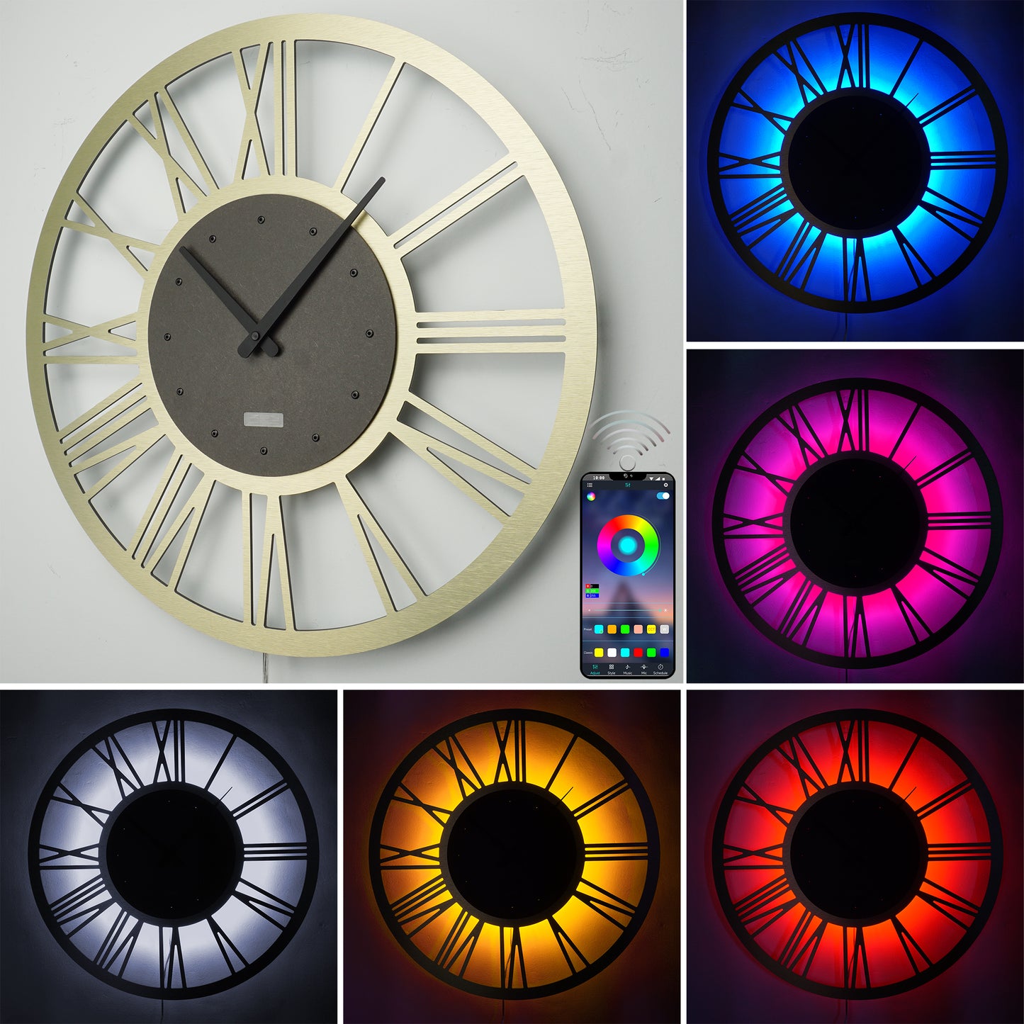 LED Wanduhr ROMA ALU Metall | Rund Ø50cm und Ø70cm | großes Zifferblatt mit römischen Zahlen in 3D-Effekt hinterleuchtet | mit farbigen RGBs per APP Bluetooth Fernbedienung | lautlos | Steampunk Retro