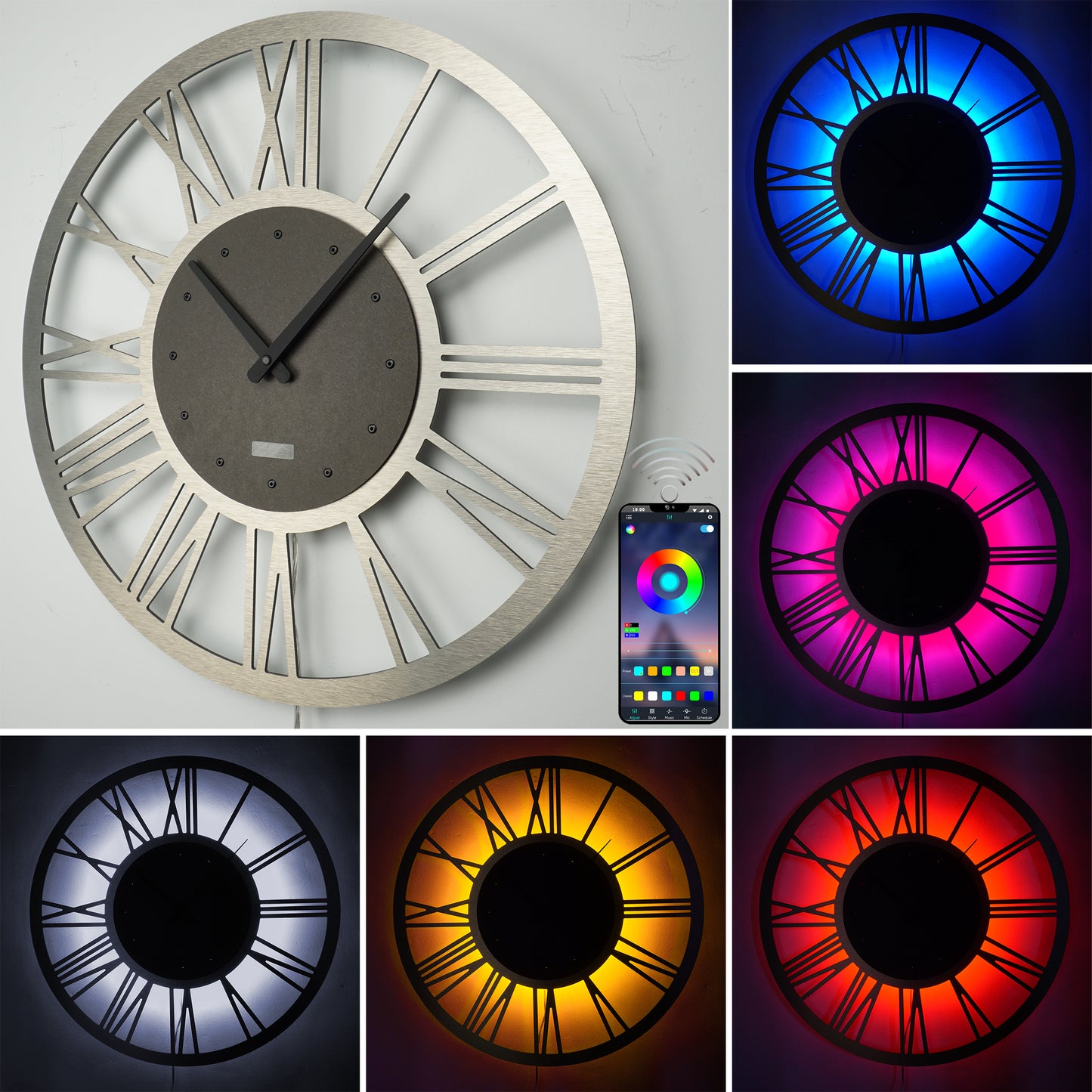 LED Wanduhr ROMA ALU Metall | Rund Ø50cm und Ø70cm | großes Zifferblatt mit römischen Zahlen in 3D-Effekt hinterleuchtet | mit farbigen RGBs per APP Bluetooth Fernbedienung | lautlos | Steampunk Retro