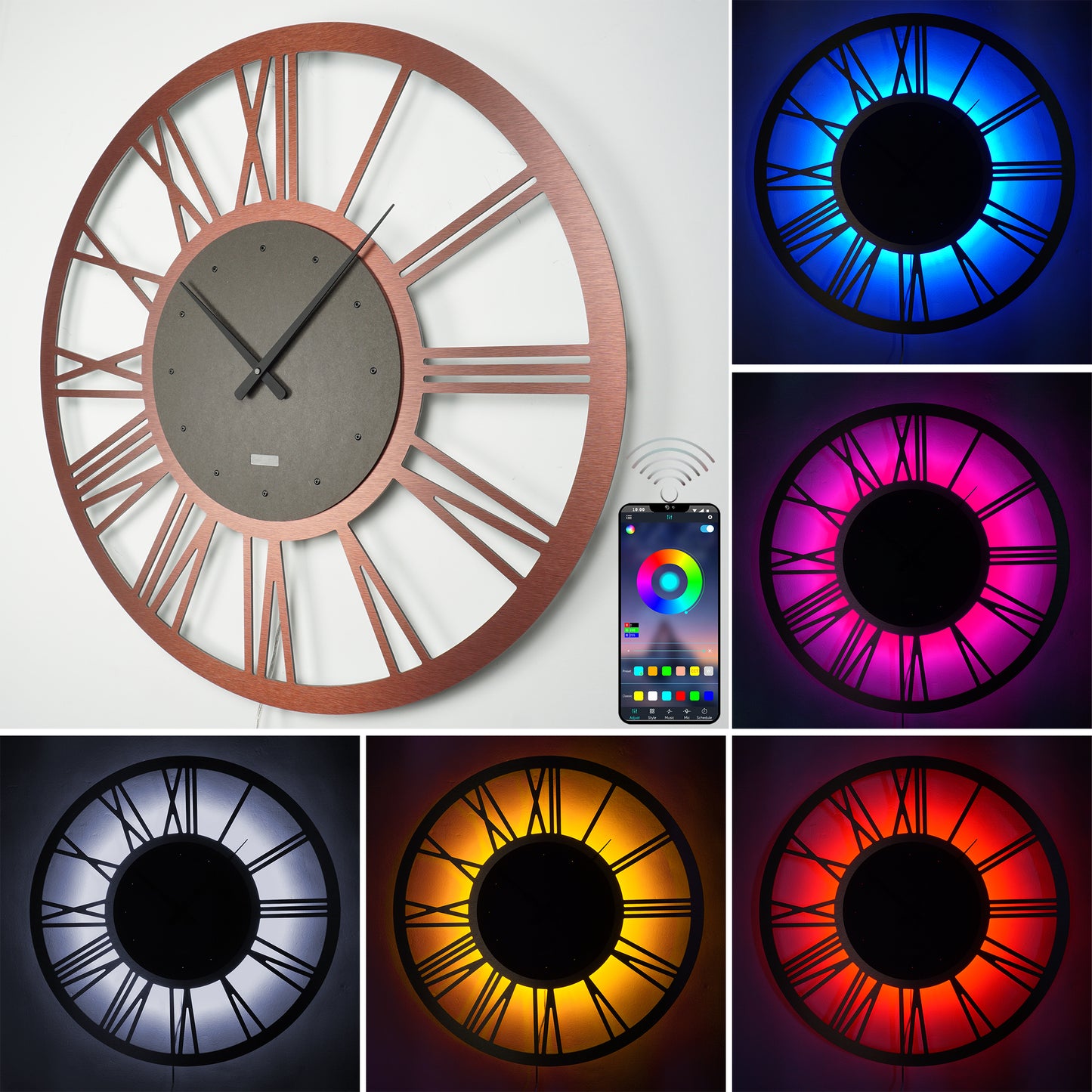 LED Wanduhr ROMA ALU Metall | Rund Ø50cm und Ø70cm | großes Zifferblatt mit römischen Zahlen in 3D-Effekt hinterleuchtet | mit farbigen RGBs per APP Bluetooth Fernbedienung | lautlos | Steampunk Retro