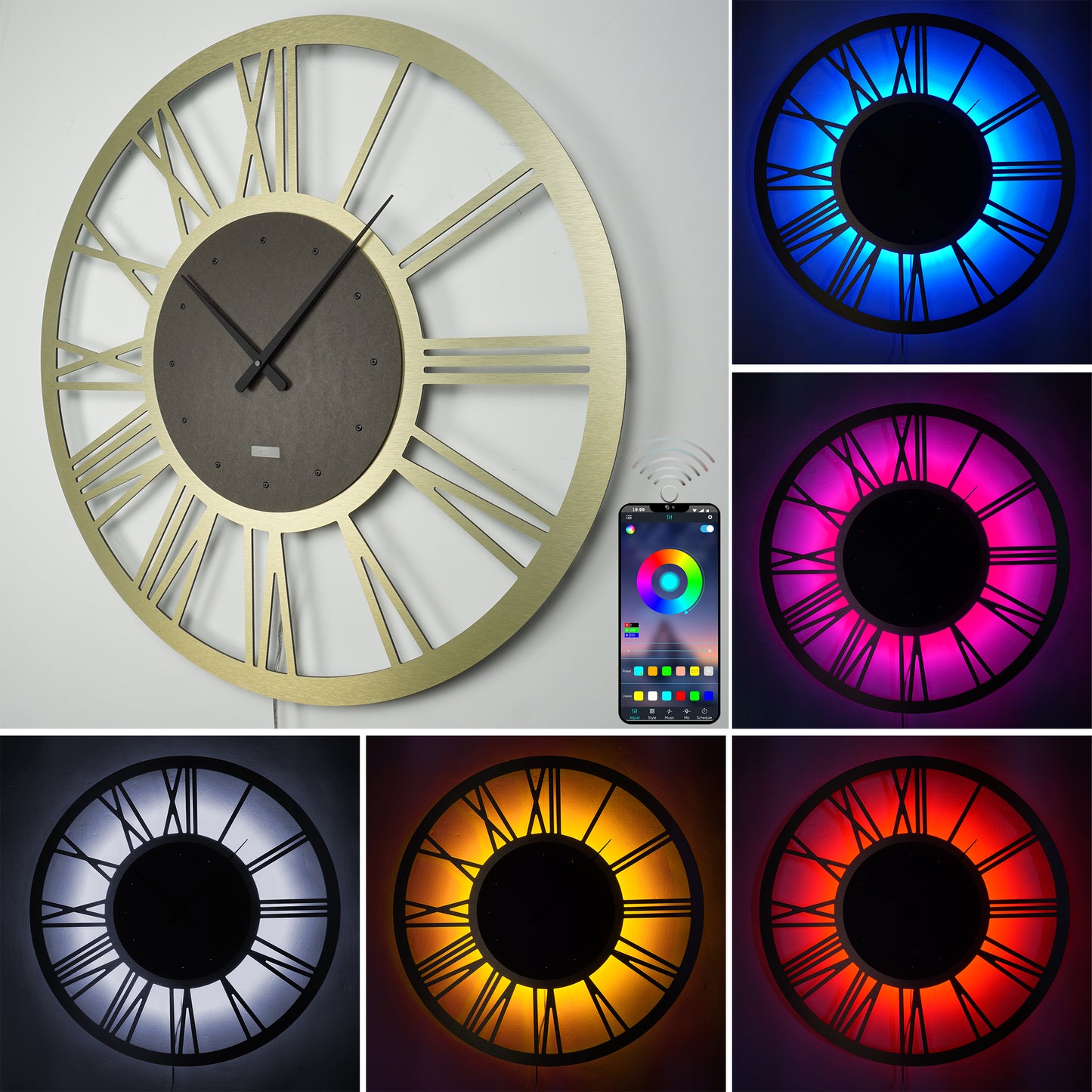 LED Wanduhr ROMA ALU Metall | Rund Ø50cm und Ø70cm | großes Zifferblatt mit römischen Zahlen in 3D-Effekt hinterleuchtet | mit farbigen RGBs per APP Bluetooth Fernbedienung | lautlos | Steampunk Retro