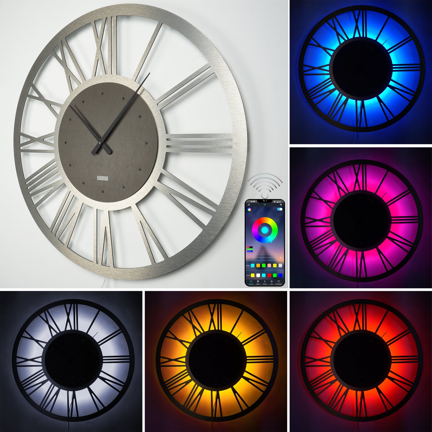 LED Wanduhr ROMA ALU Metall | Rund Ø50cm und Ø70cm | großes Zifferblatt mit römischen Zahlen in 3D-Effekt hinterleuchtet | mit farbigen RGBs per APP Bluetooth Fernbedienung | lautlos | Steampunk Retro