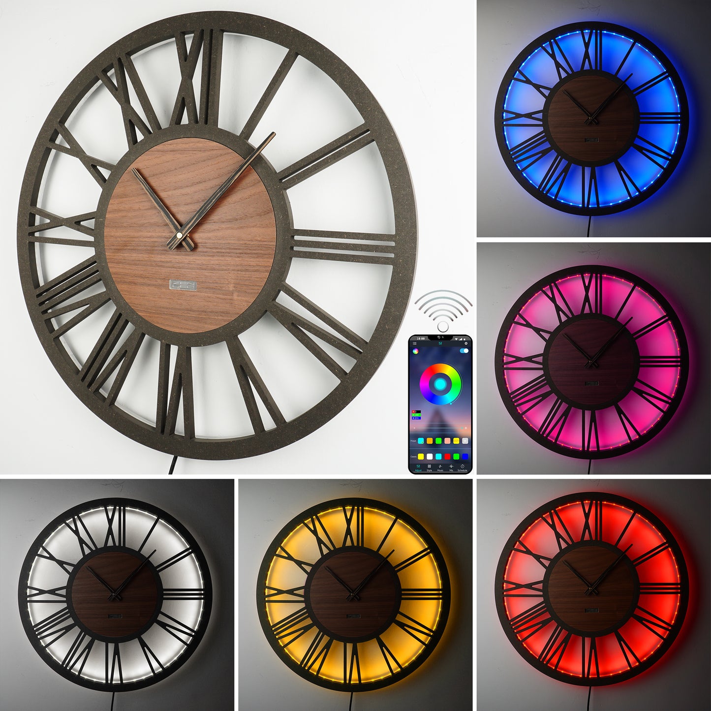 LED Wanduhr ROMA HOLZ | Rund Ø50cm und Ø70cm | großes Zifferblatt mit römischen Zahlen in 3D-Effekt hinterleuchtet | mit bunten RGBs per APP Bluetooth Fernbedienung | lautlos | Steampunk Vintage