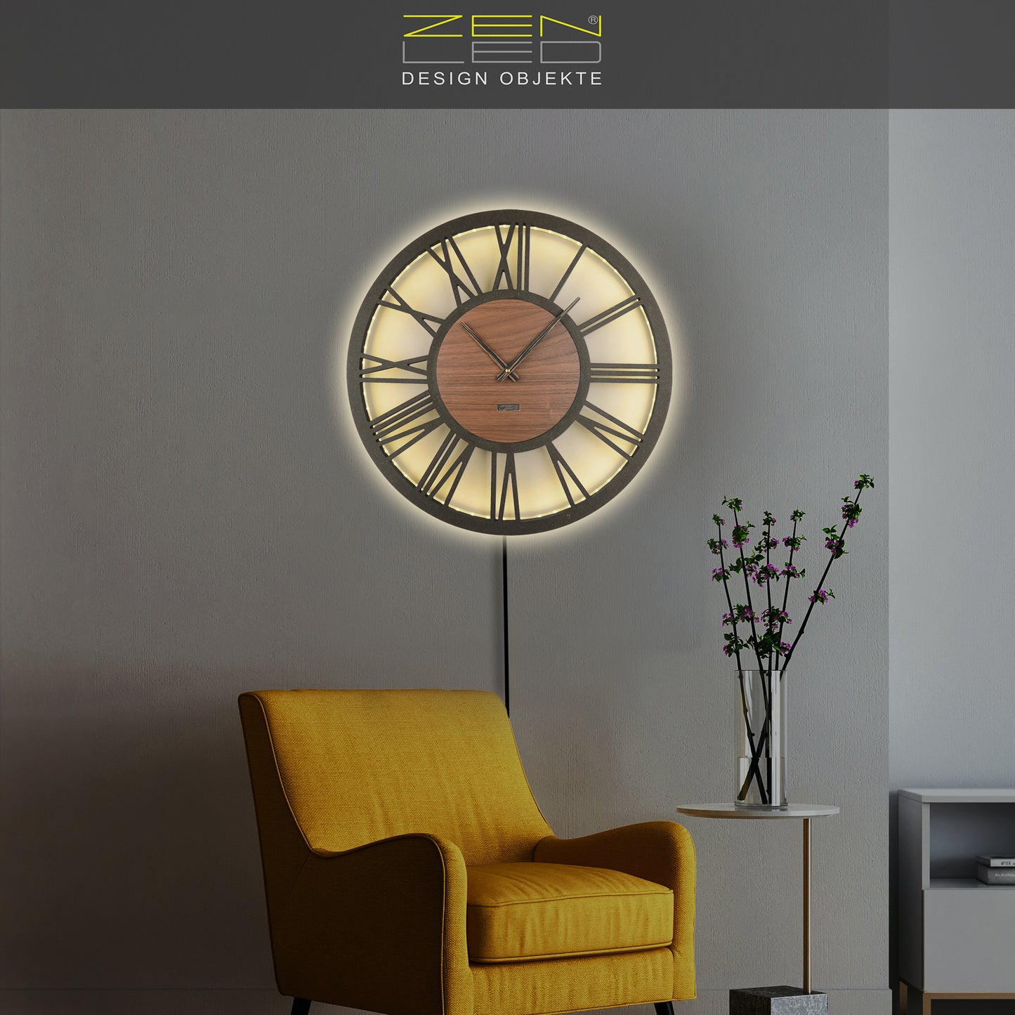 LED Wanduhr ROMA HOLZ | Rund Ø50cm und Ø70cm | großes Zifferblatt mit römischen Zahlen in 3D-Effekt hinterleuchtet | mit bunten RGBs per APP Bluetooth Fernbedienung | lautlos | Steampunk Vintage